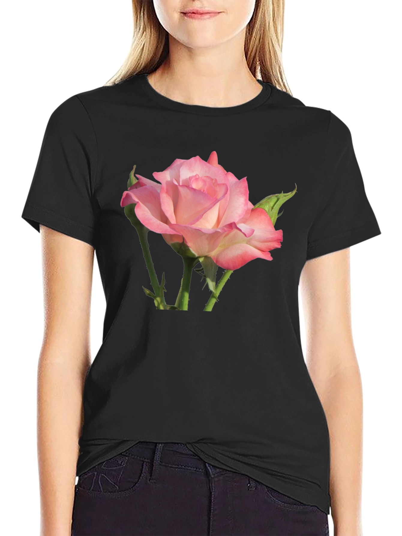 Black Pink Rose Graphic Black T-Shirt view 2