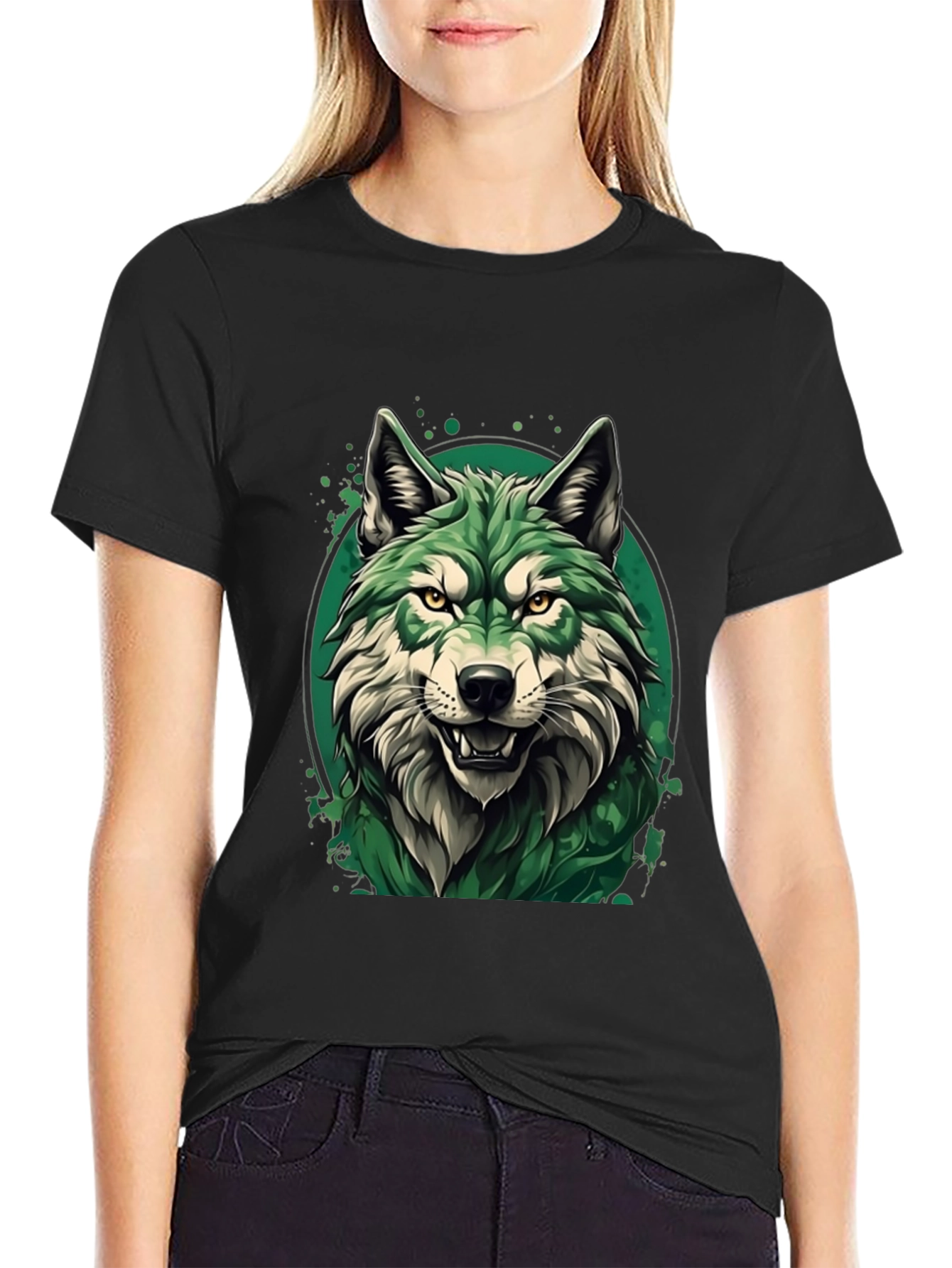 Black Green Wolf Graphic T-Shirt - Stylish Animal Tee view 2