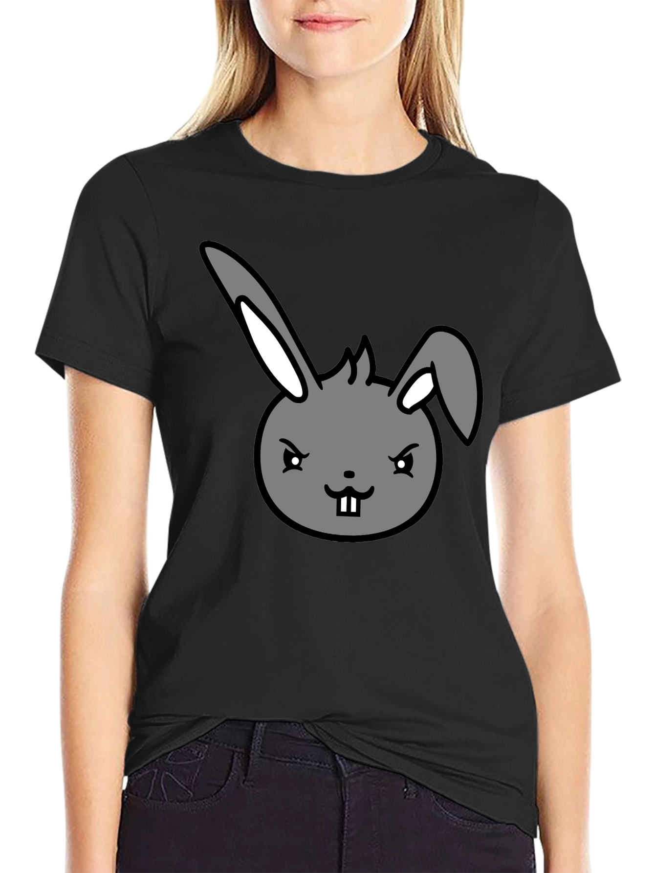 Black Men's Black T-Shirt with Cartoon Bunny Design view 2