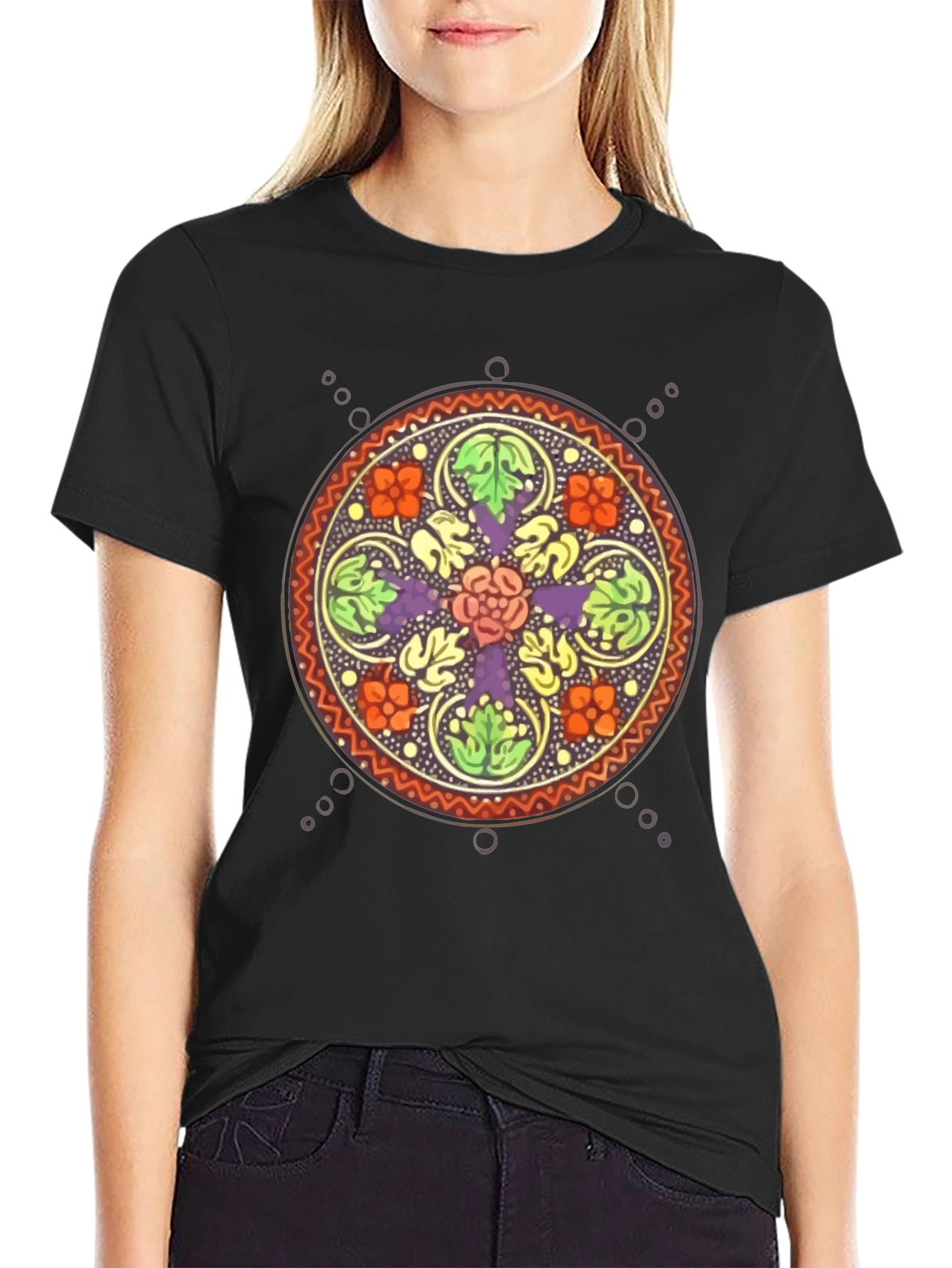 Black Floral Mandala Graphic Black T-Shirt view 2