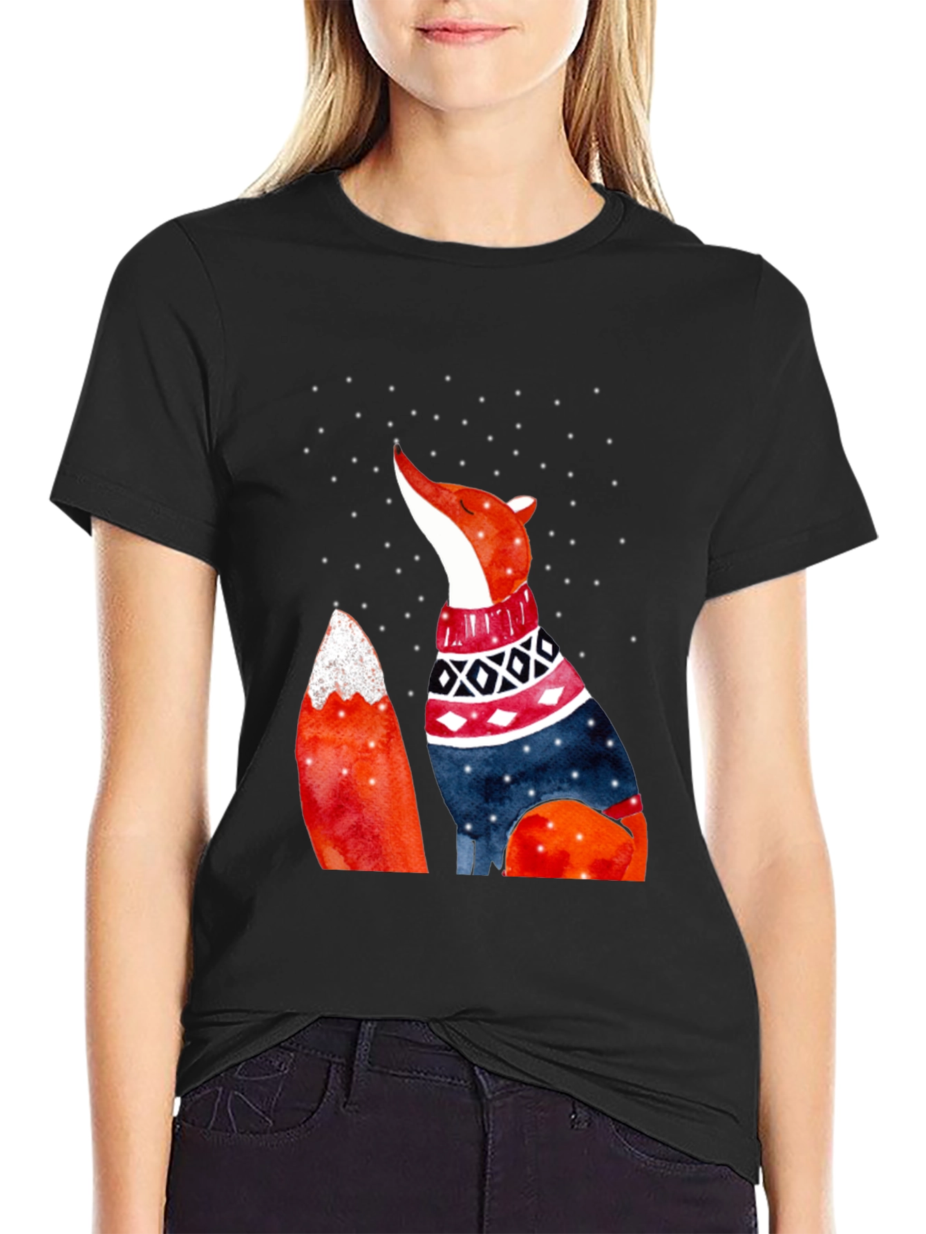 Black Fox in Sweater Graphic T-Shirt view 2