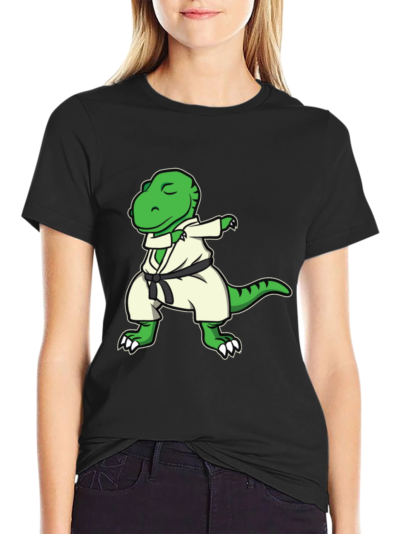Black Dabbing Dinosaur Karate Black T-Shirt view 2