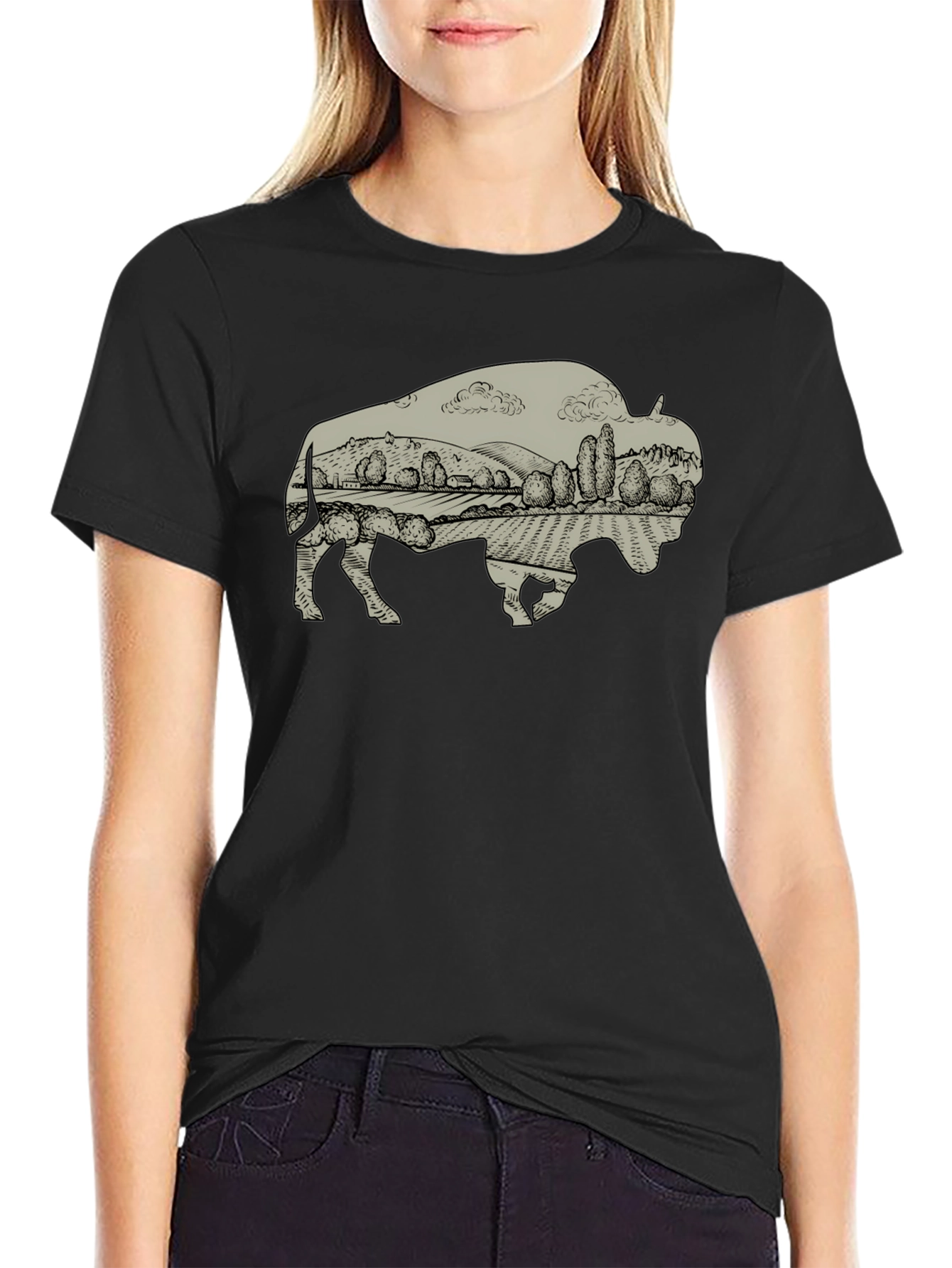 Black Bison Landscape Graphic T-Shirt - Casual Style view 2