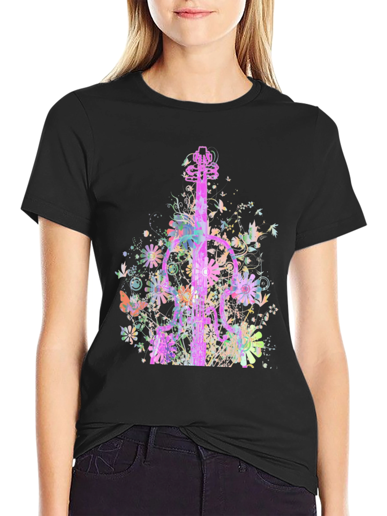 Black Floral Guitar Graphic T-Shirt view 2