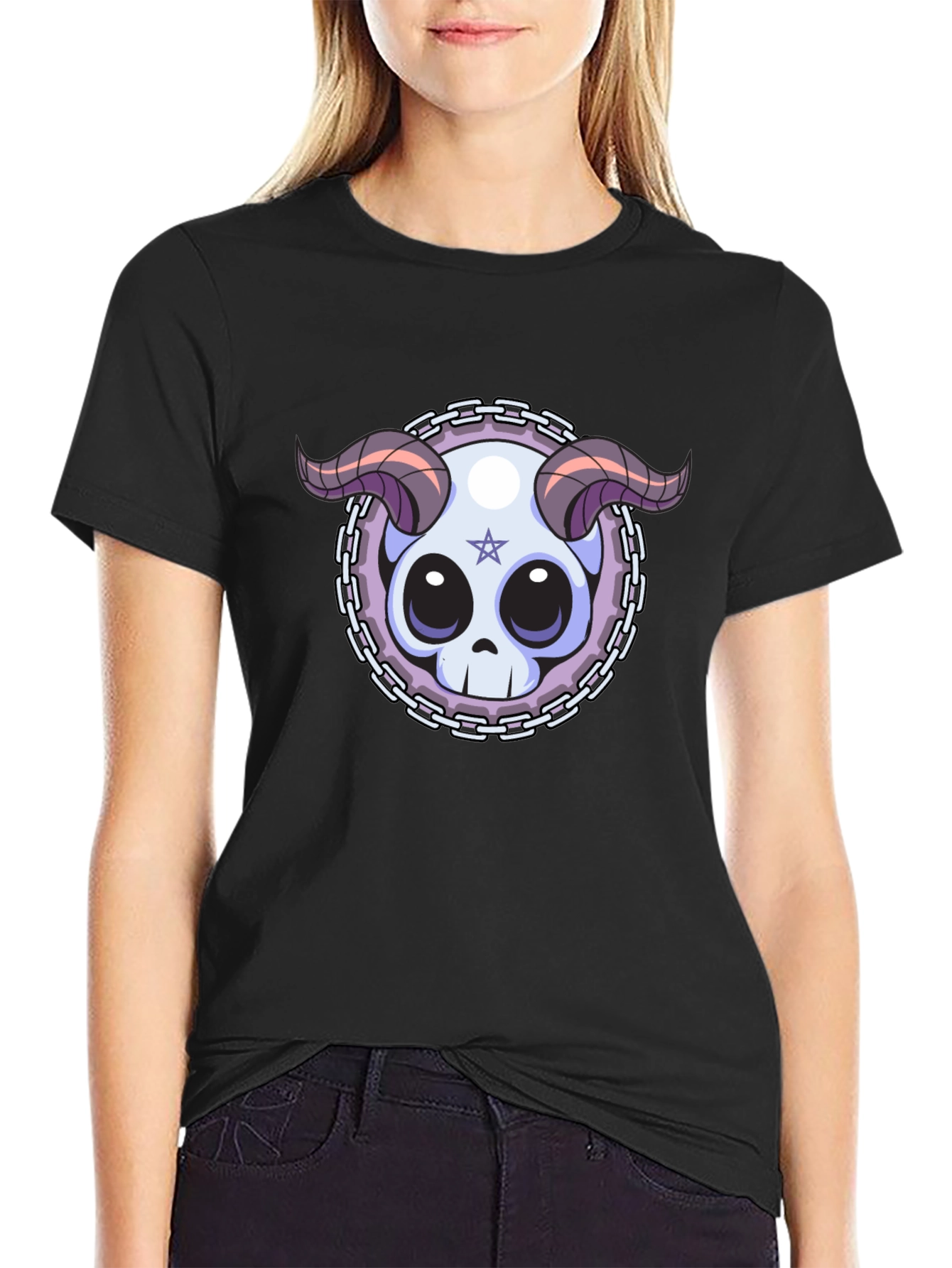Black Skull & Horns Graphic Tee - Edgy Style view 2