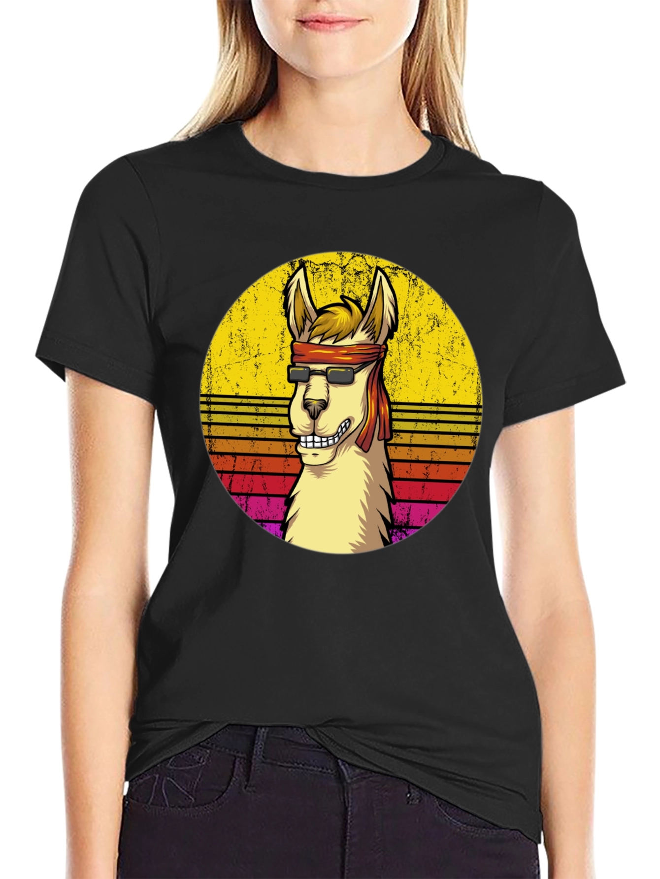 Black Retro Llama Graphic T-Shirt view 2