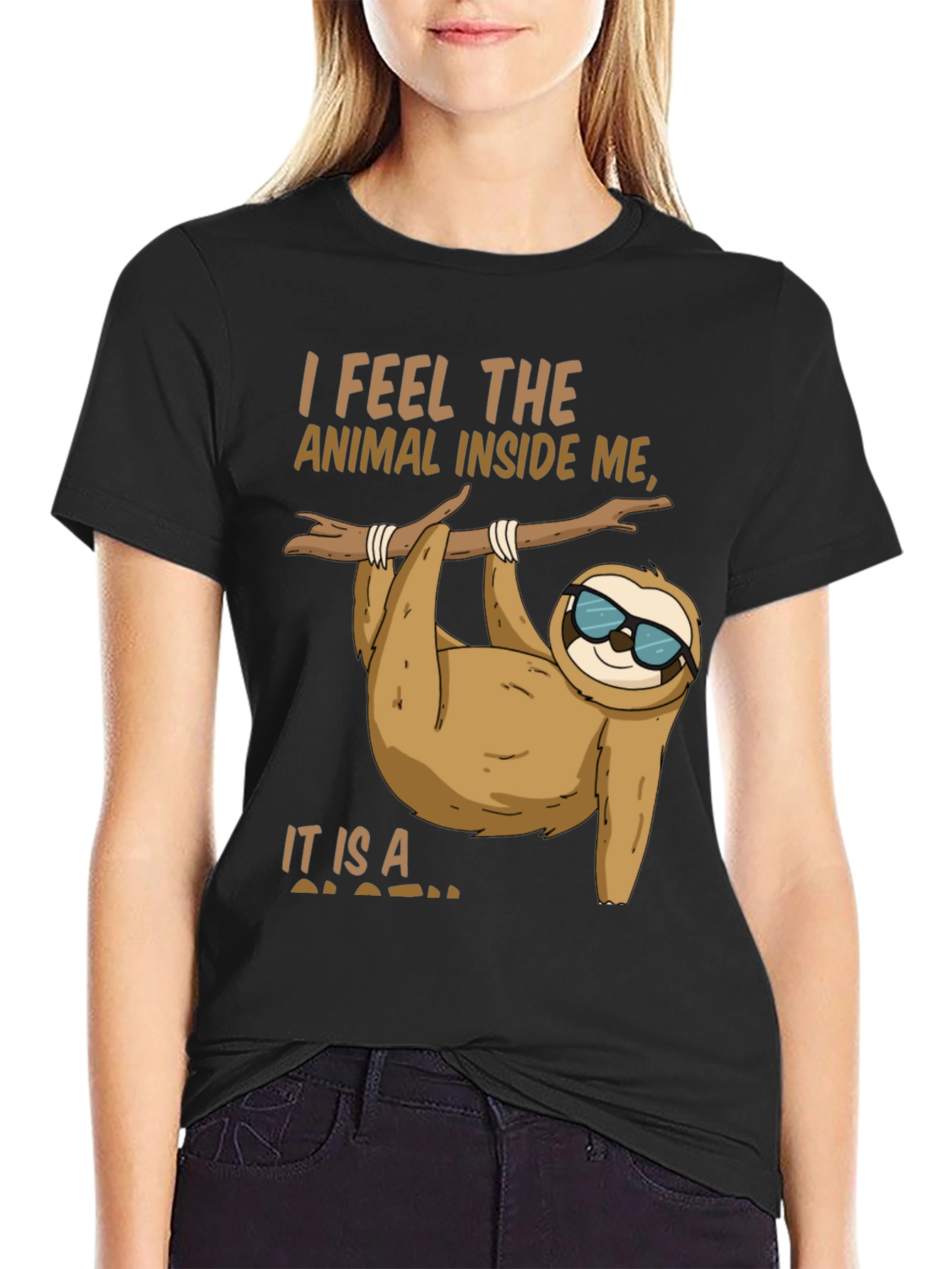 Black Funny Sloth T-Shirt - I Feel the Animal Inside Me view 2