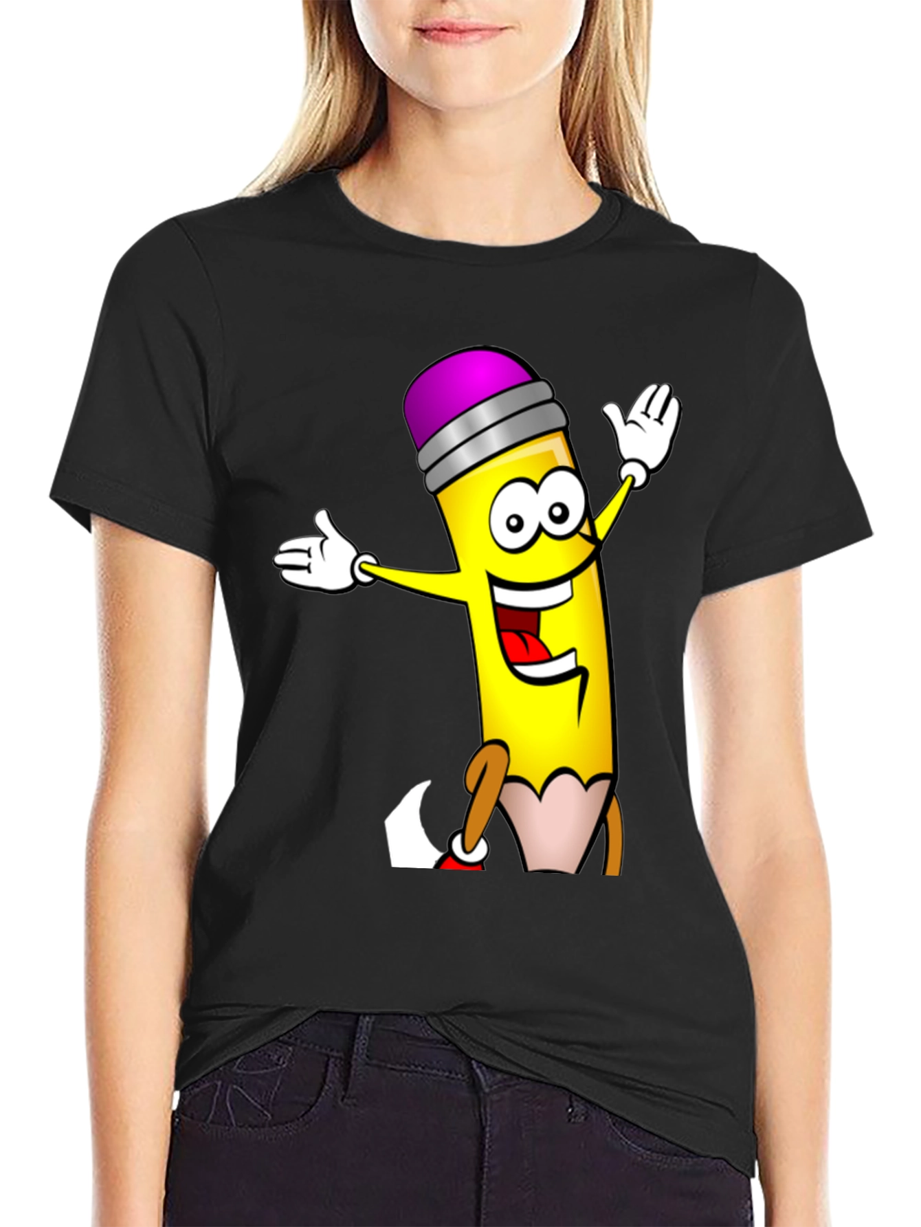 Black Cartoon Pencil T-Shirt - Black Cotton Graphic Tee view 2