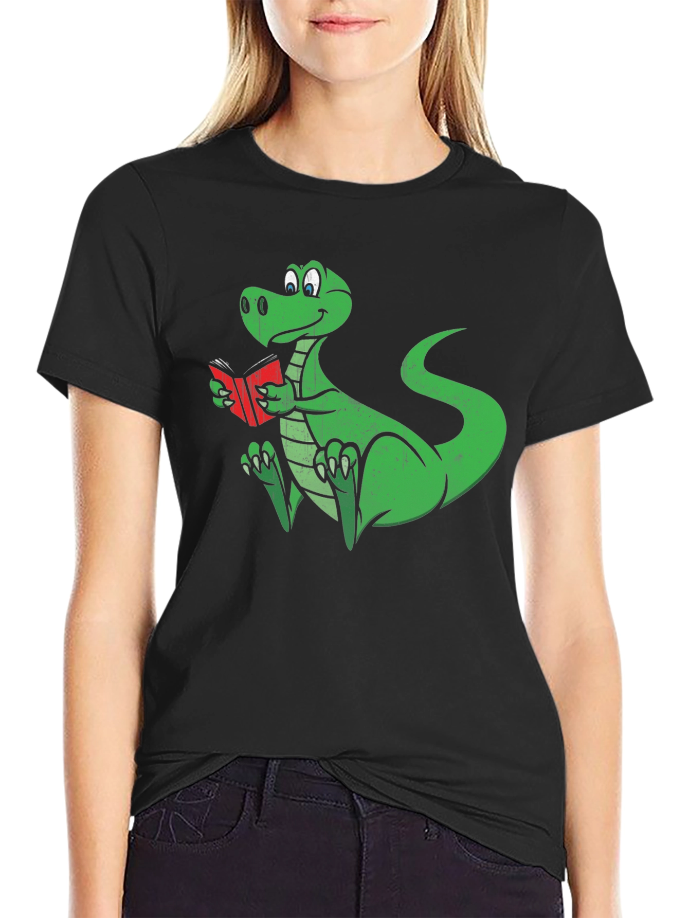 Black Dino Reading T-Shirt - Black Cotton Graphic Tee view 2