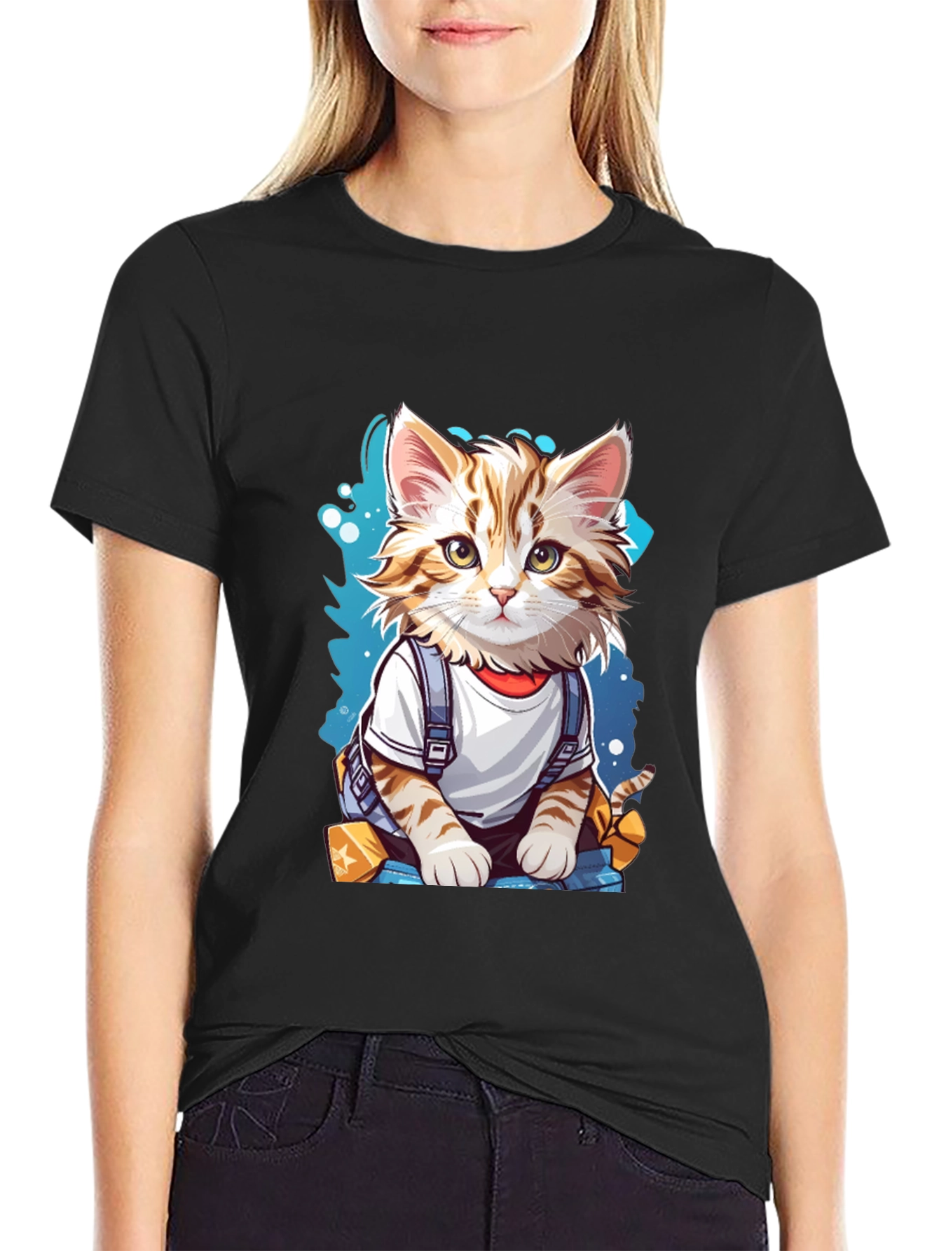 Black Cute Cartoon Cat T-Shirt view 2