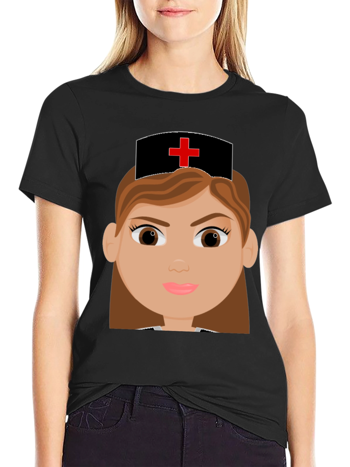 Cartoon Nurse Graphic Tee - Black Cotton Blend T-Shirt - 2