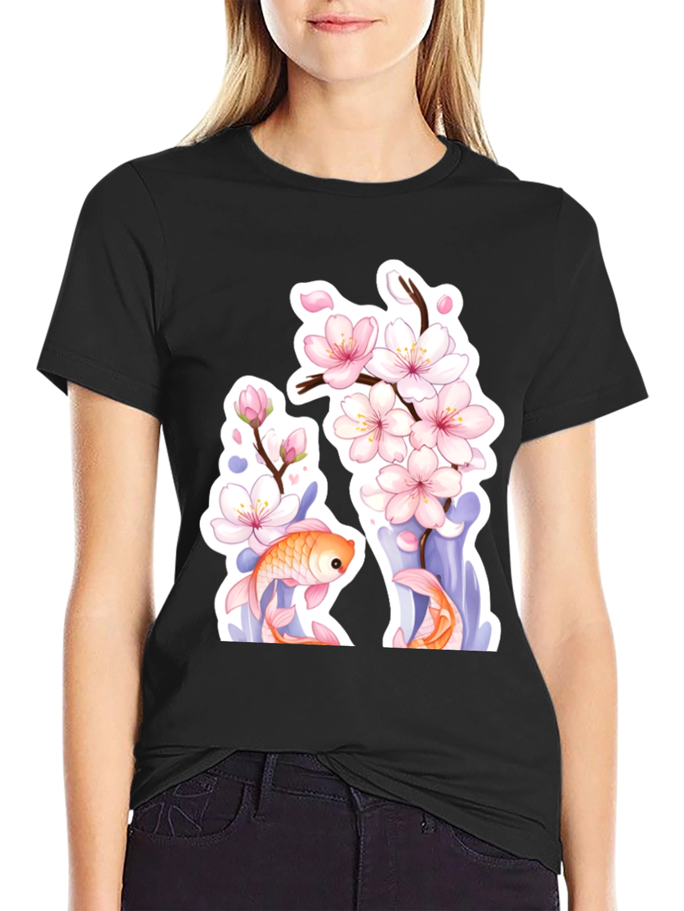 Black Cherry Blossom Koi Fish Graphic Tee view 2