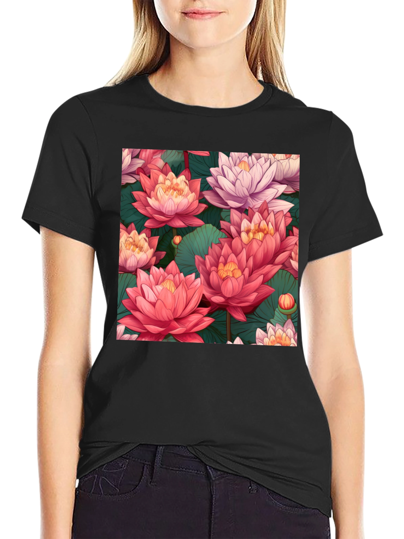 Black Lotus Floral Print Black T-Shirt view 2