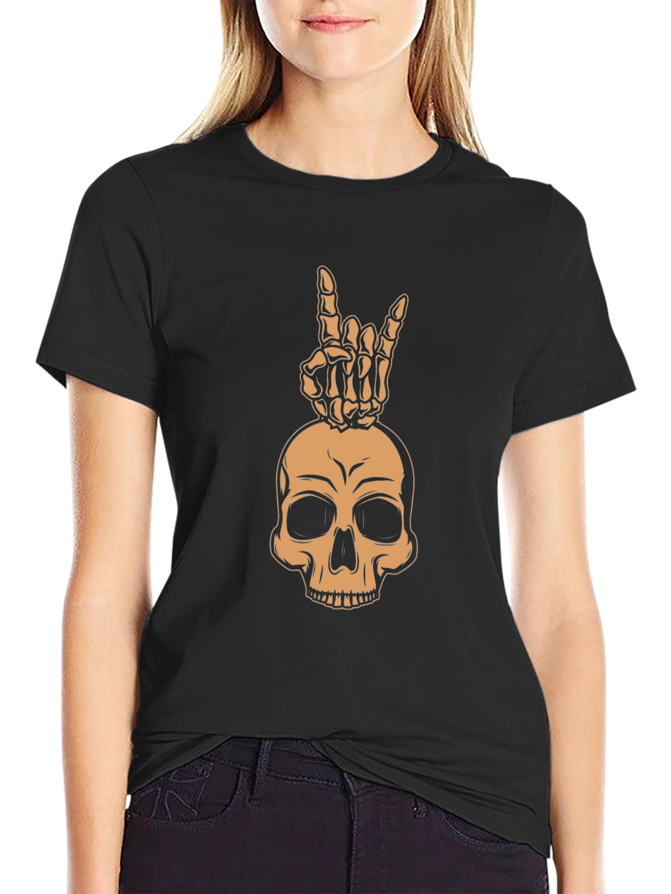 Black Skull & Hand Sign Graphic Tee - Rock On! view 2