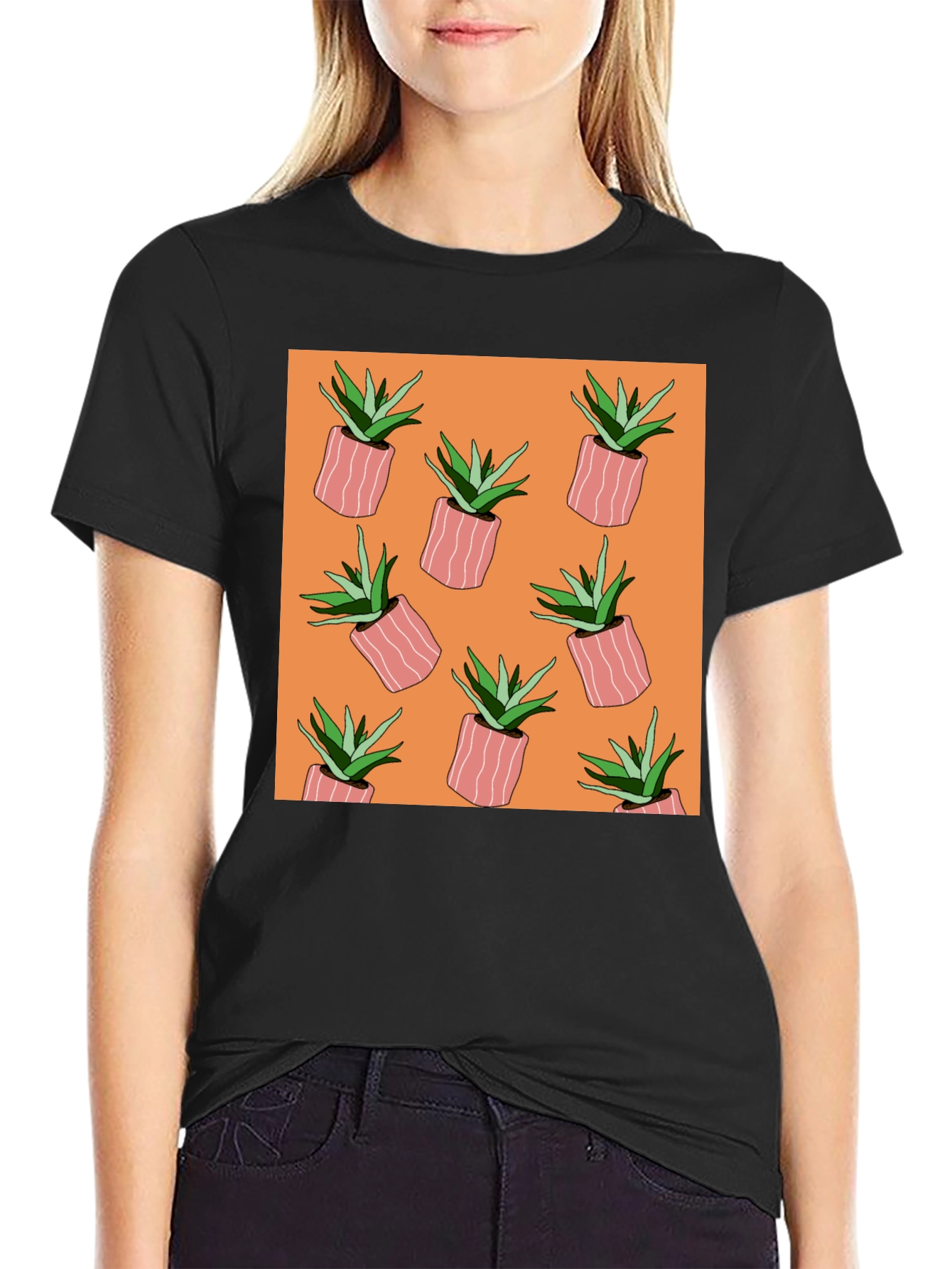 Black Succulent Plant Pattern Black T-Shirt view 2