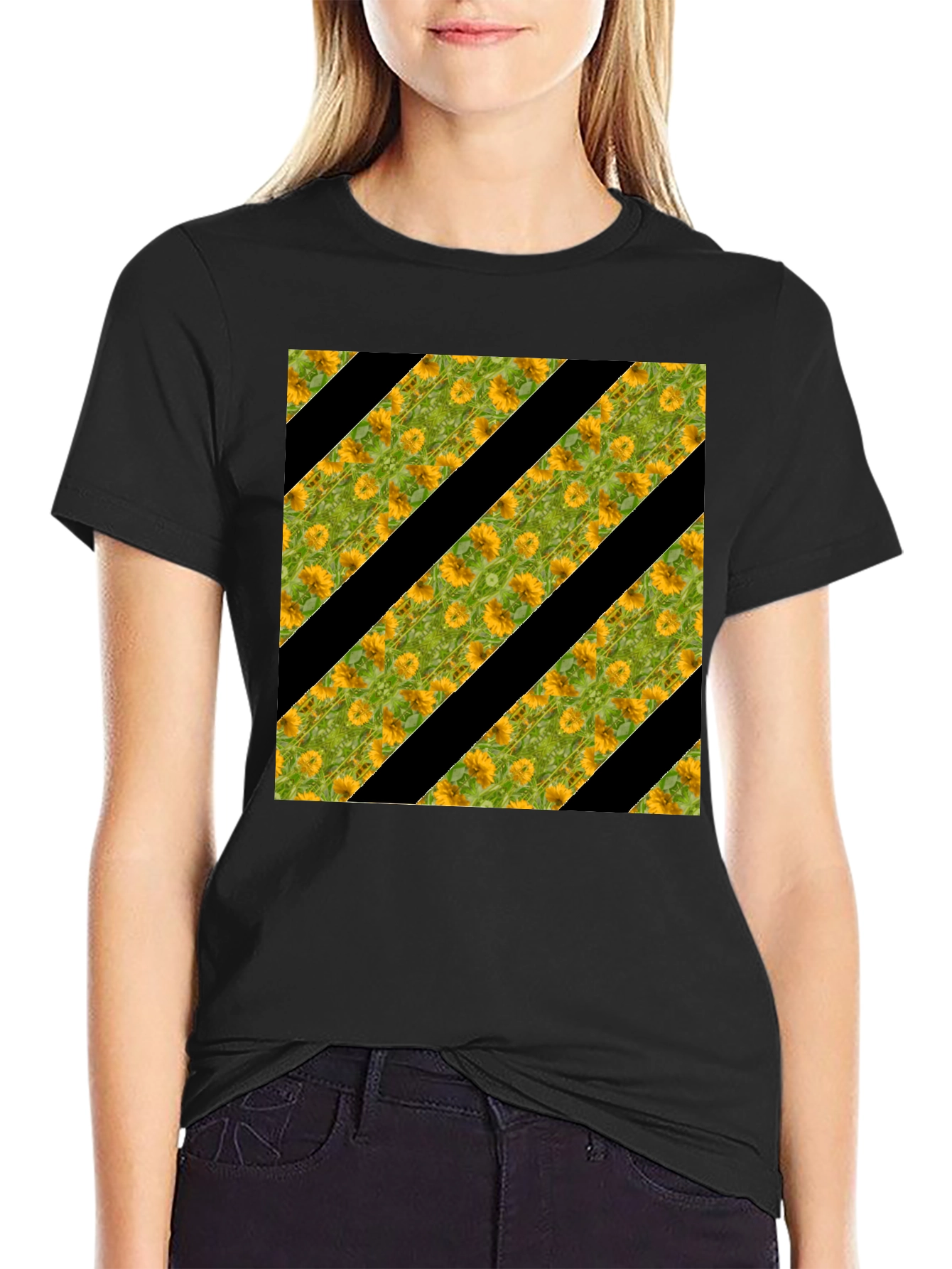 Black Sunflower Stripe Tee - Stylish Graphic Print T-Shirt view 2