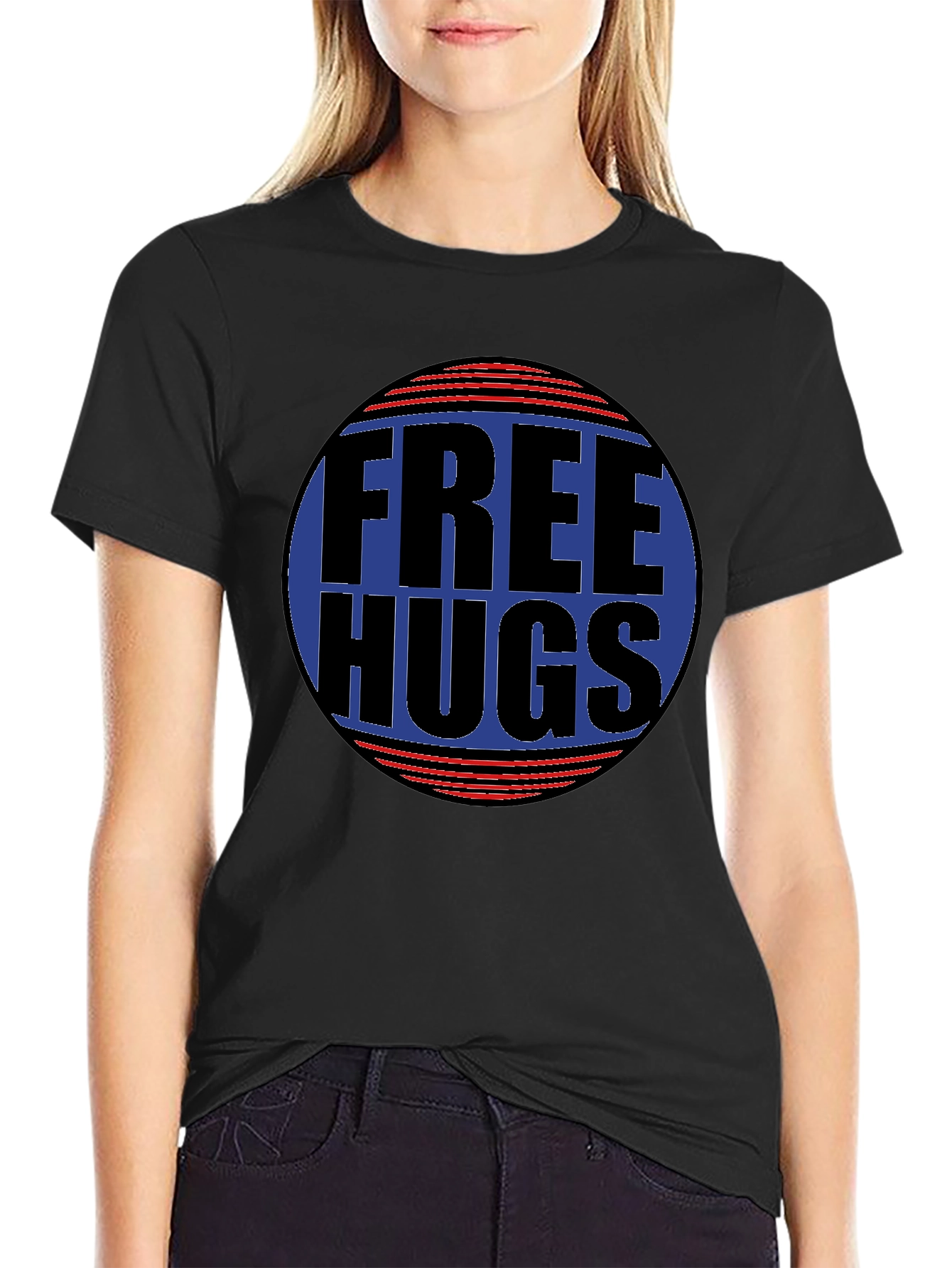 Black Free Hugs Graphic T-Shirt - Black Cotton Blend Casual Tee view 2