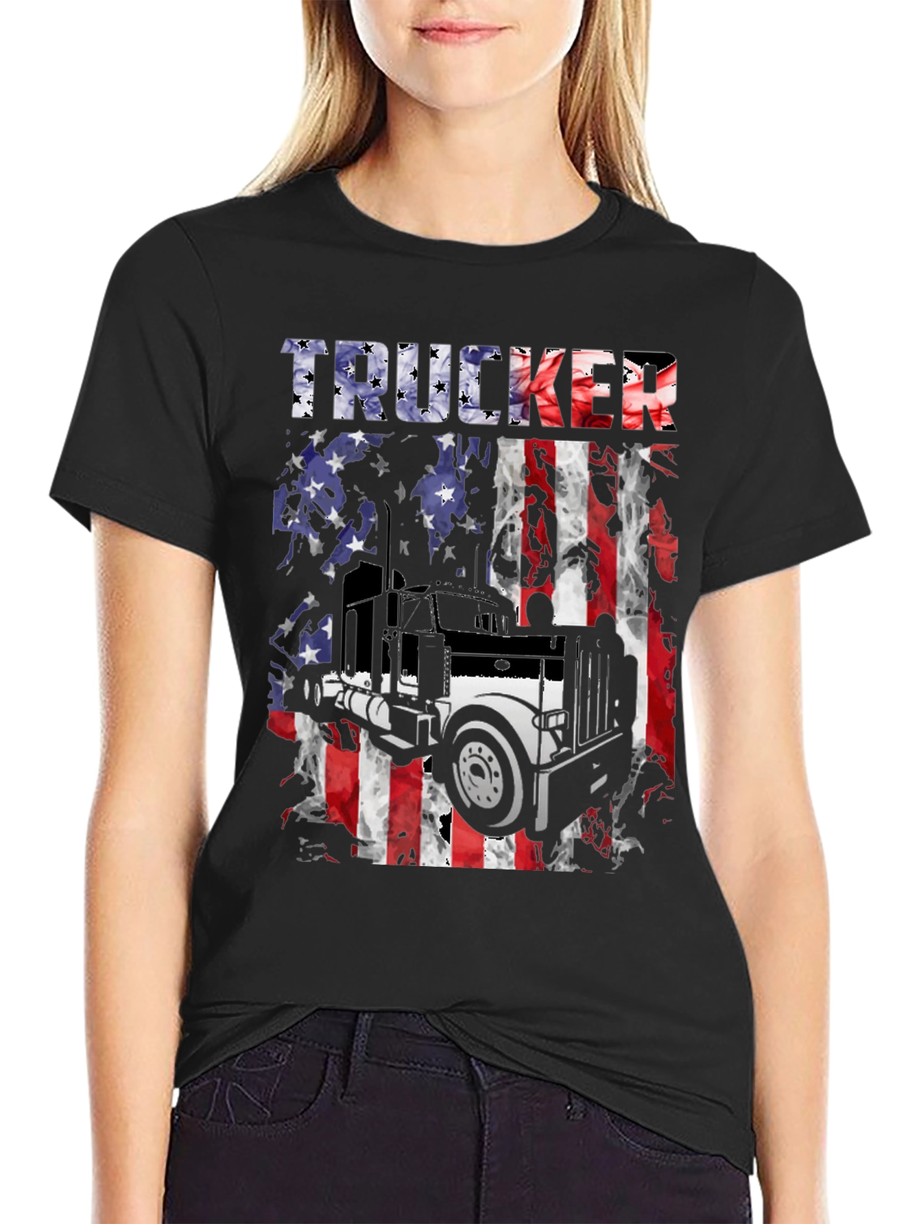 Black Trucker American Flag Graphic T-Shirt view 2