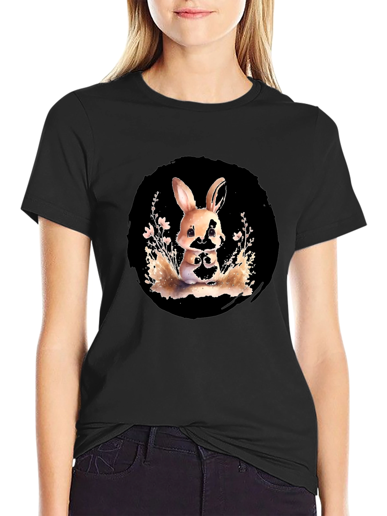 Black Cute Rabbit Graphic Tee - Stylish Black Cotton Blend Shirt view 2