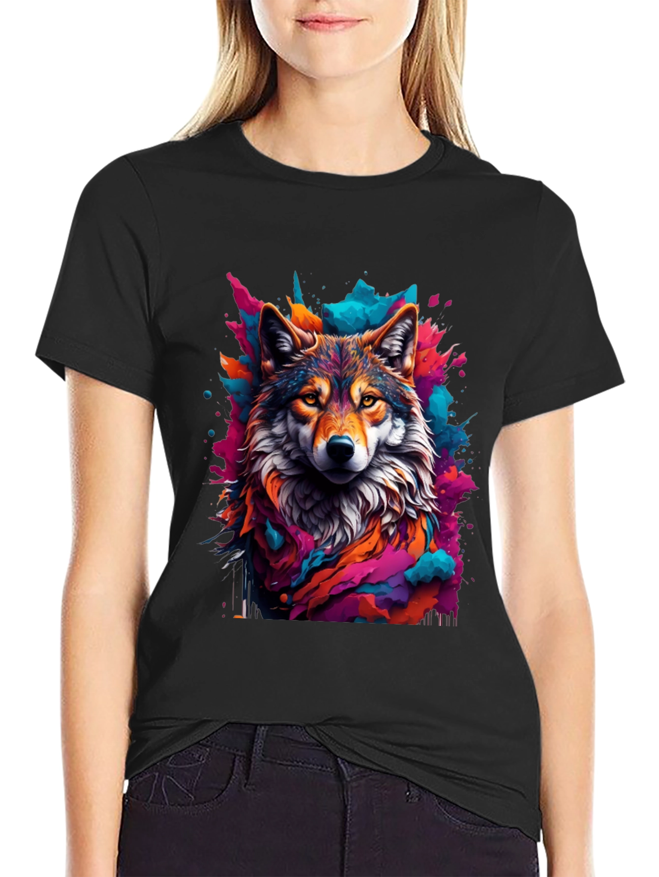 Black Wolf Art Graphic Black Tee - Vibrant Men's T-Shirt view 2