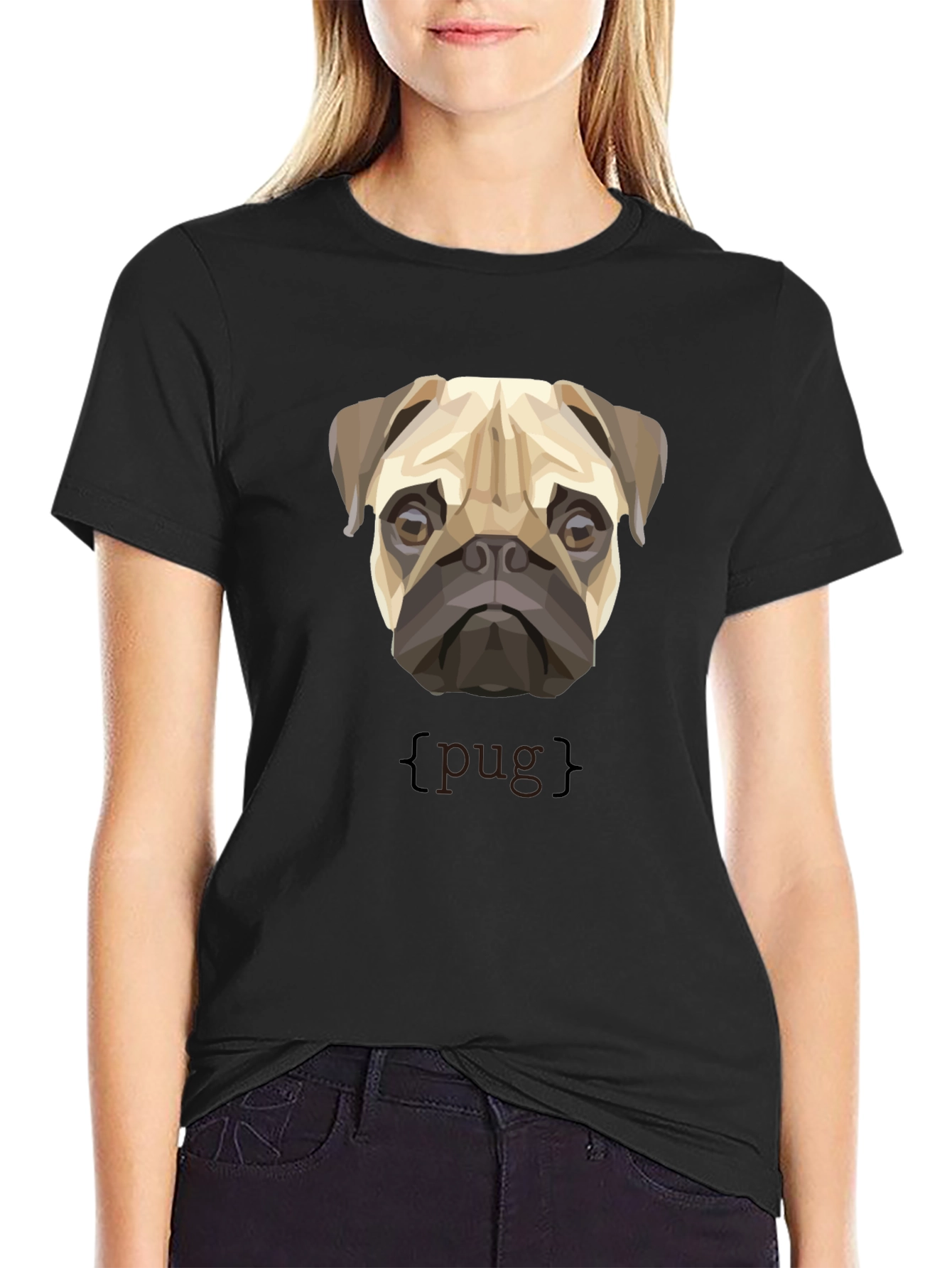 Black Geometric Pug Dog Graphic Print T-Shirt view 2