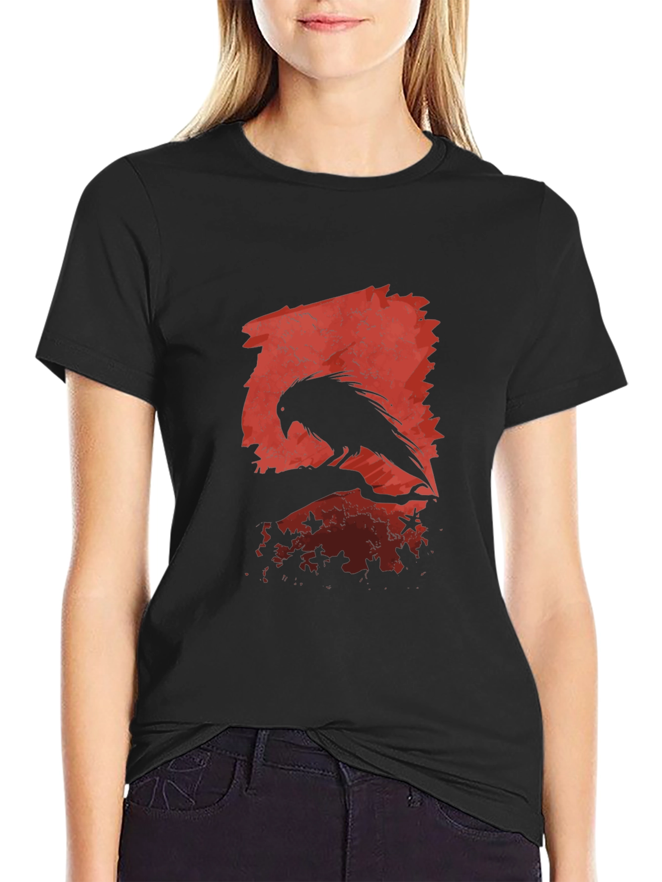 Black Raven Silhouette Graphic Black T-Shirt view 2