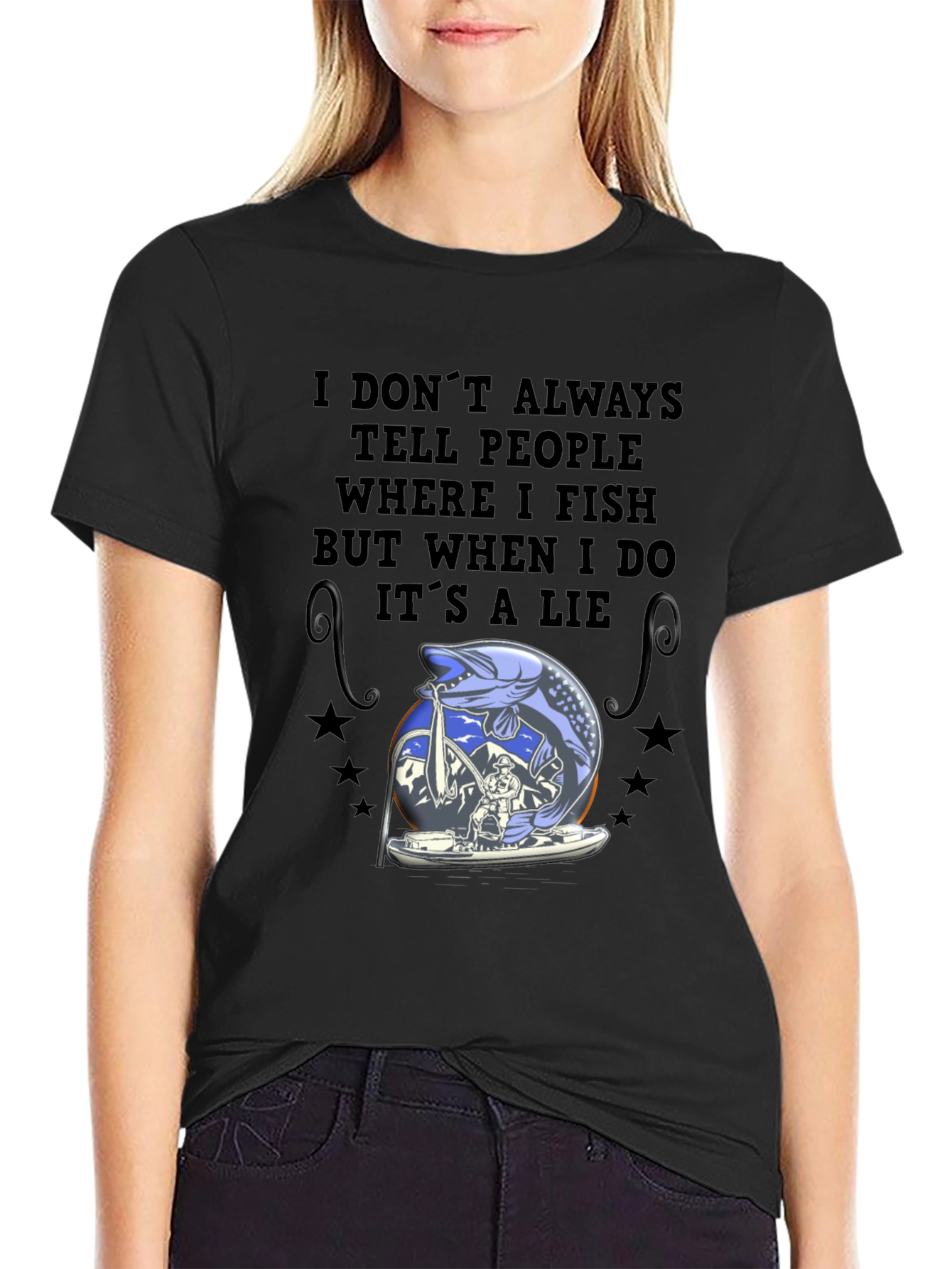 Black Fishing Lie T-Shirt - Angler Humor Tee view 2