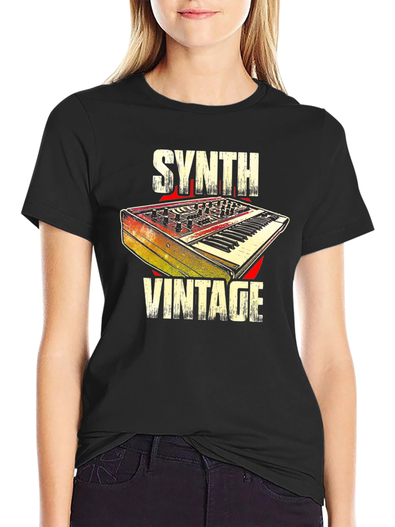 Black Synth Vintage T-Shirt Retro Keyboard view 2