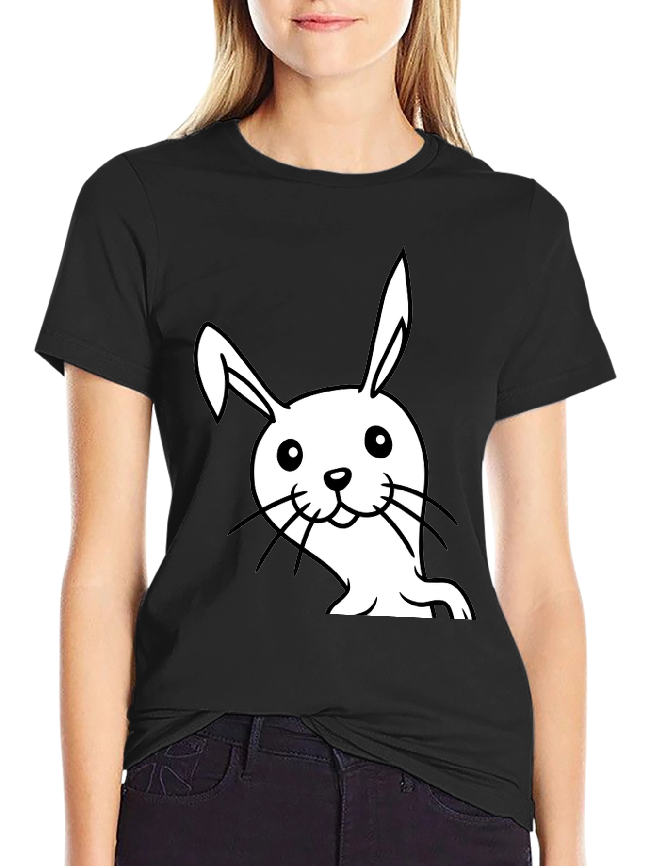 Black Cute Bunny Graphic Black T-Shirt view 2