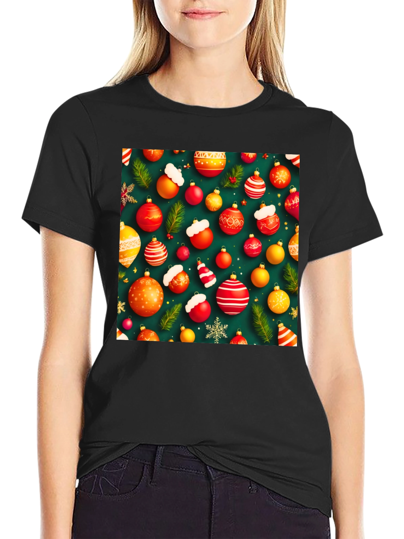 Black Festive Holiday Ornament Pattern T-Shirt view 2