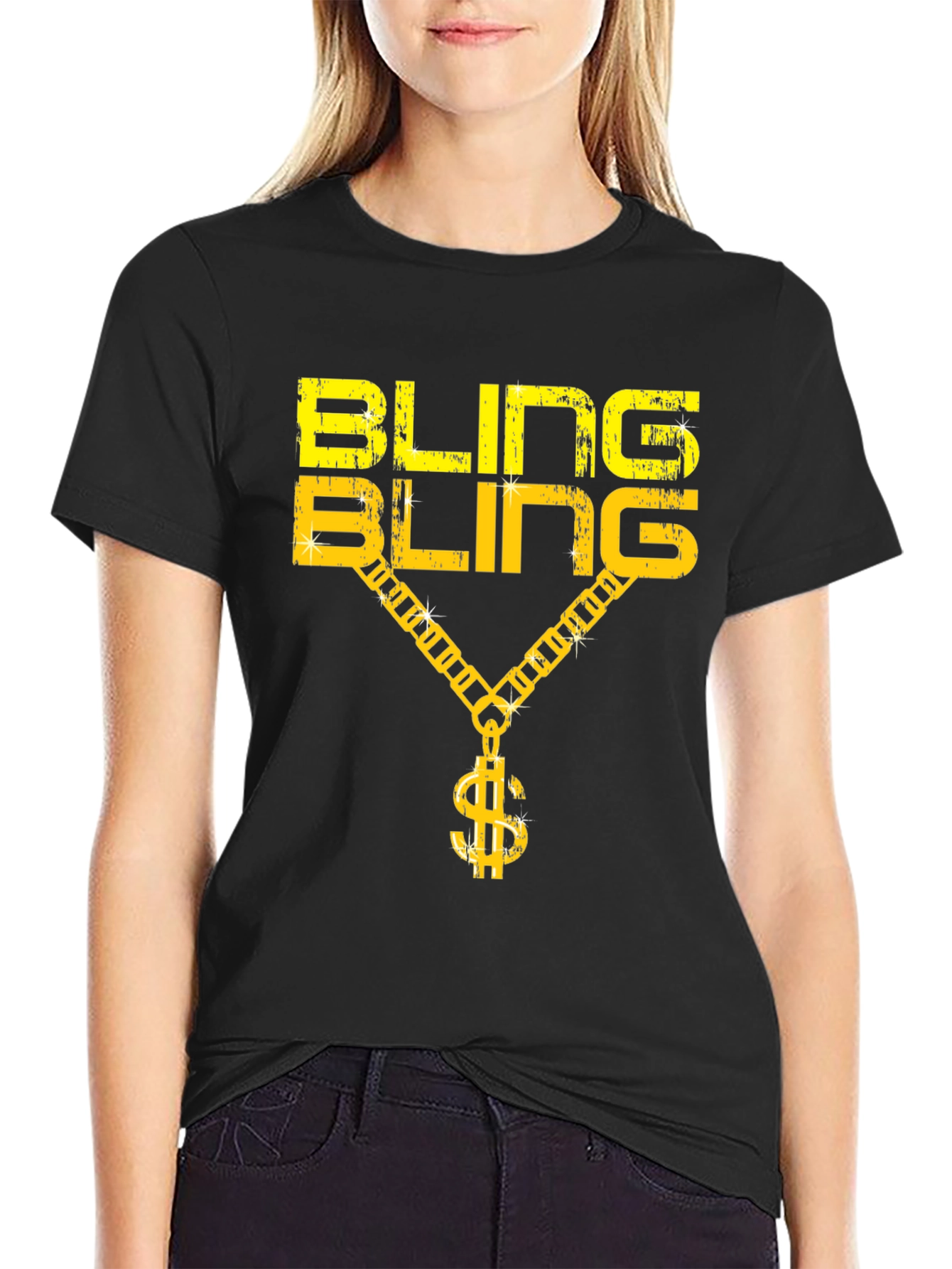Black Bling Bling Graphic Print Crew Neck T-Shirt view 2