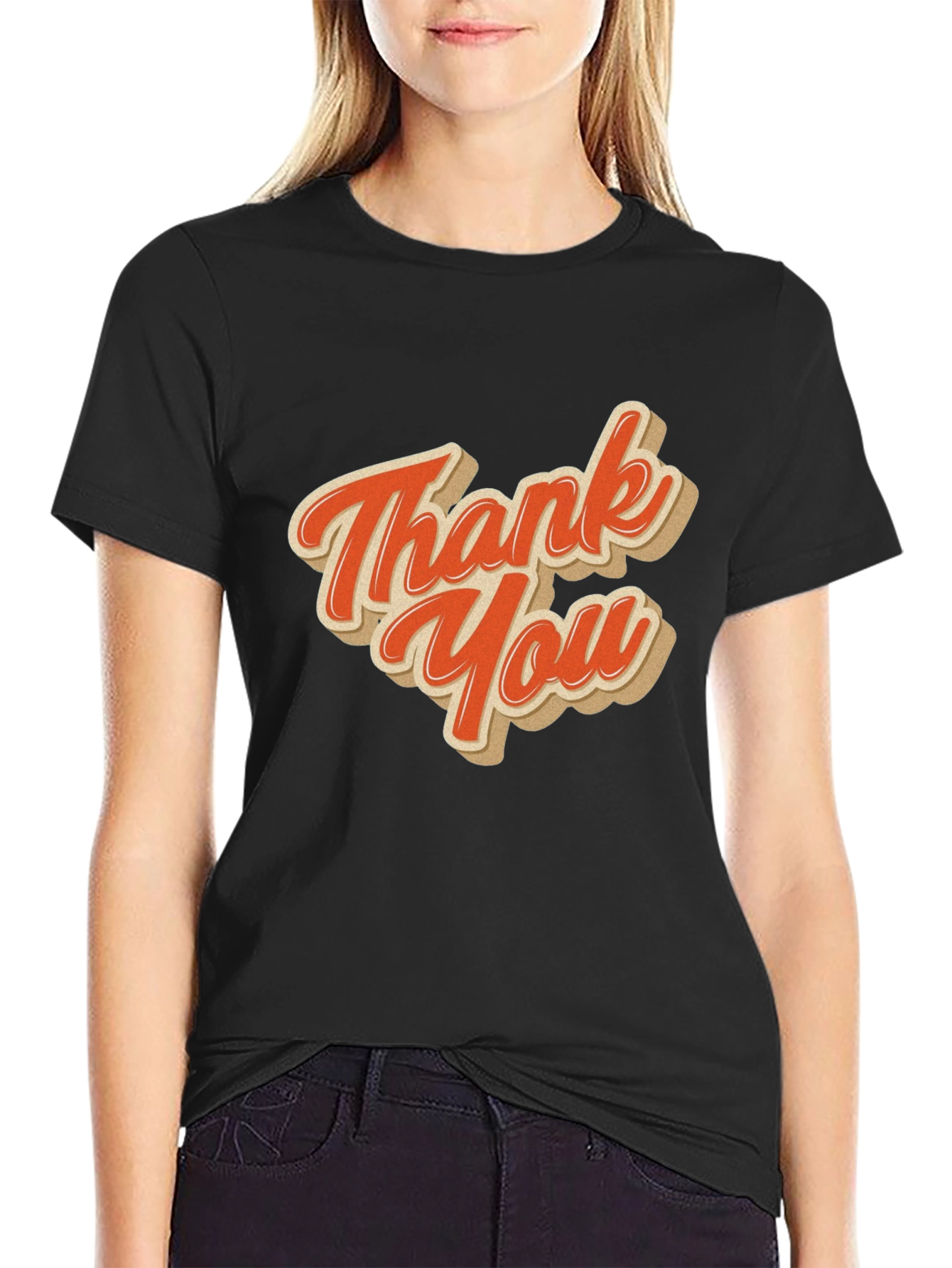 Black Retro Thank You Graphic Tee - Black Cotton Blend view 2