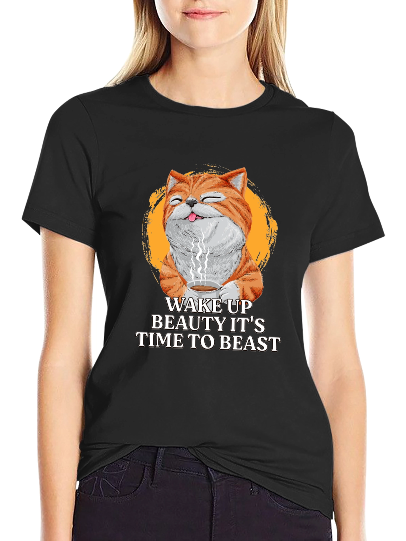 Black Wake Up Beauty It's Time To Beast Cat T-Shirt view 2