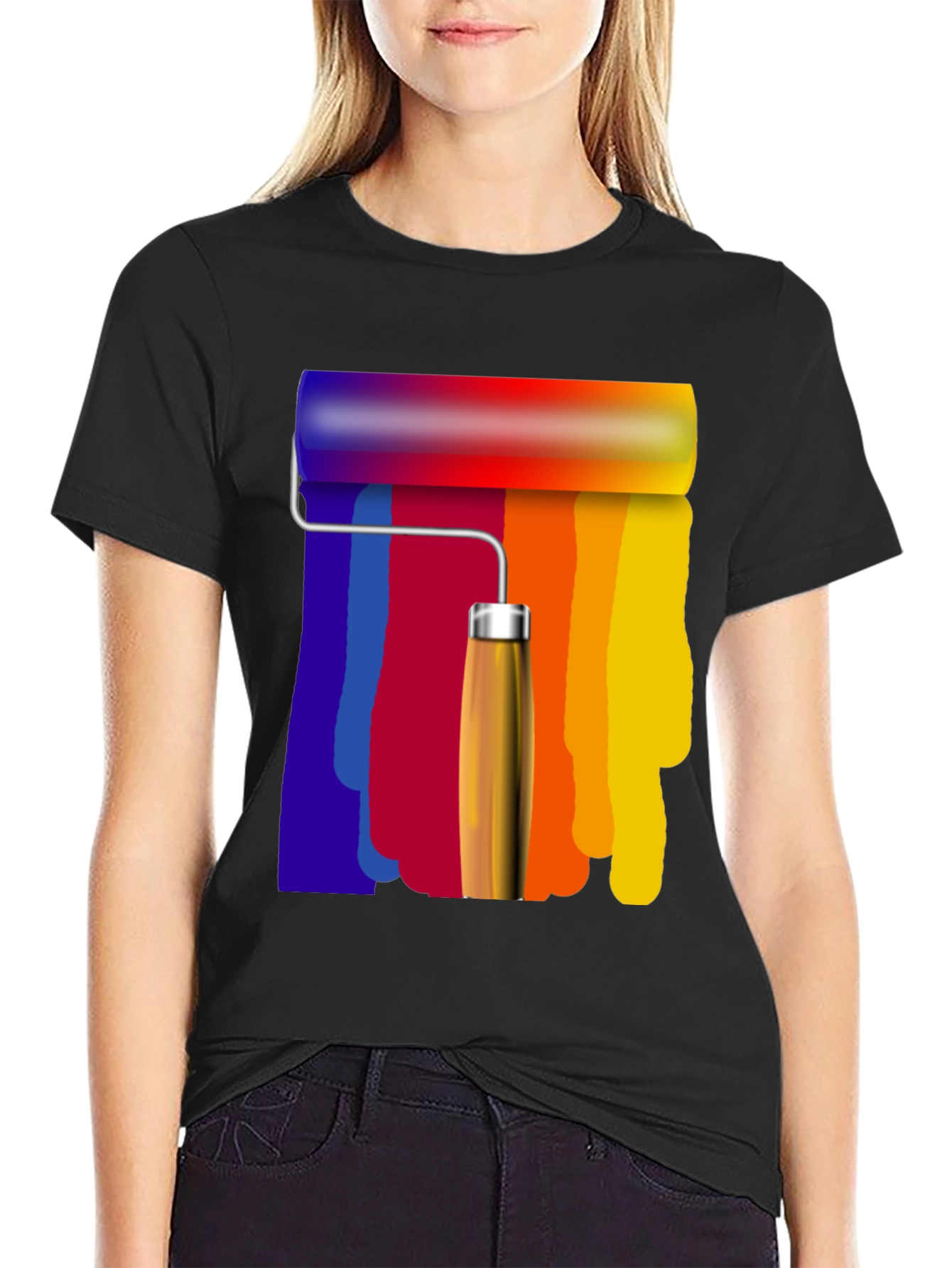 Black Colorful Paint Roller Graphic Tee - Artistic Design view 2
