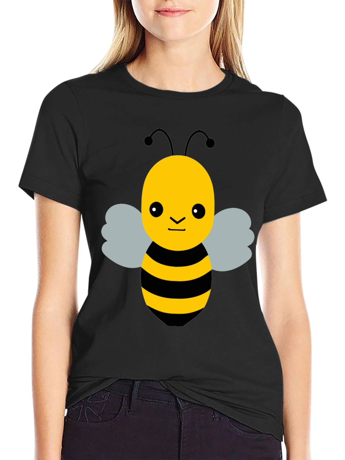 Black Cute Cartoon Bee Graphic Black T-Shirt view 2