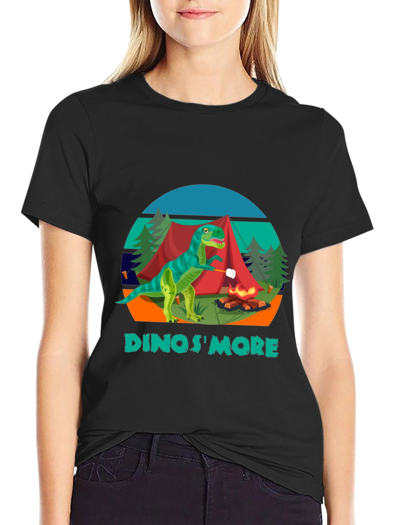 Black Dinos'More Black T-Shirt - Camping Dinosaur view 2