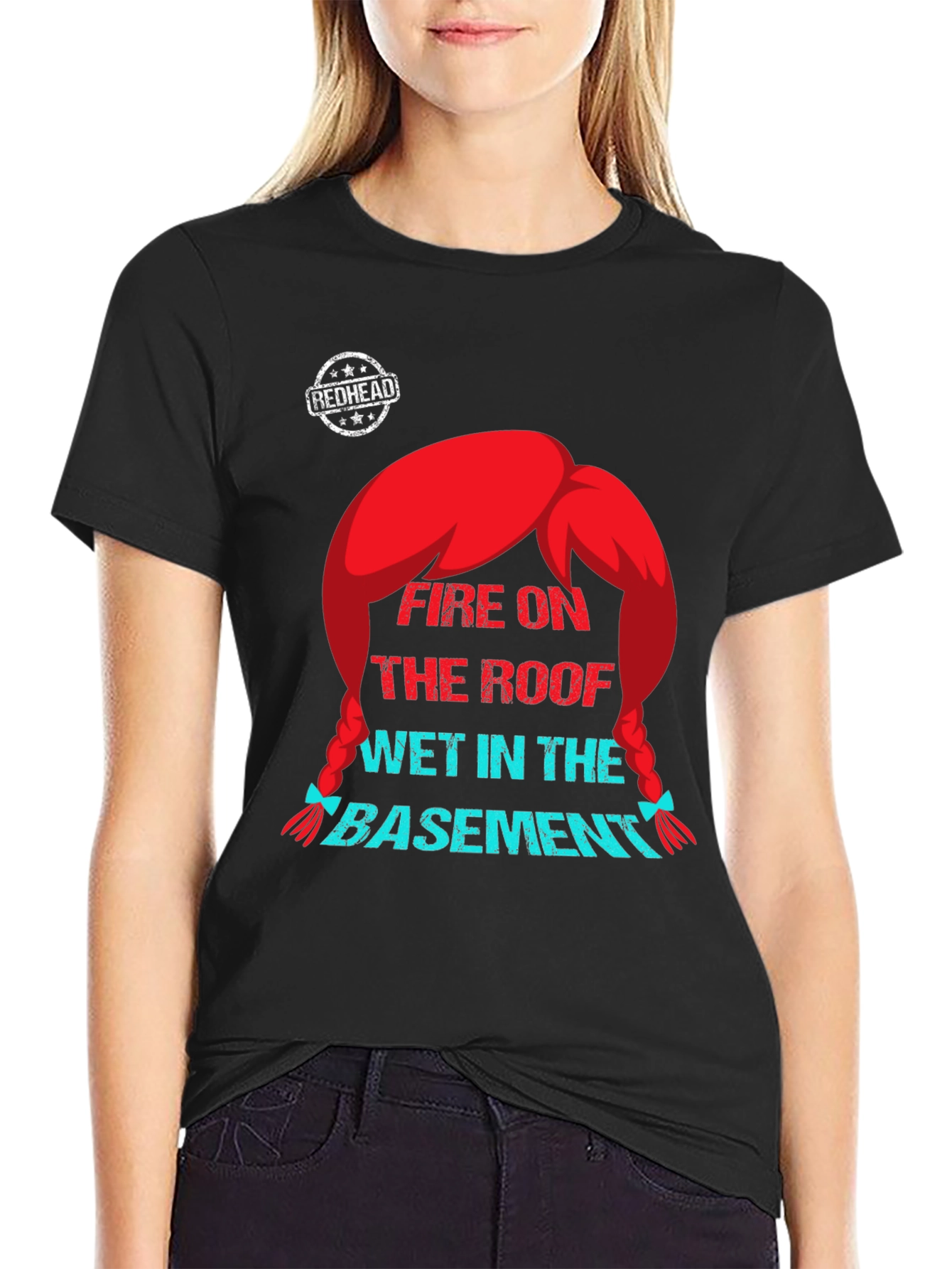 Black Redhead Fire on the Roof T-Shirt - Novelty Graphic Tee view 2