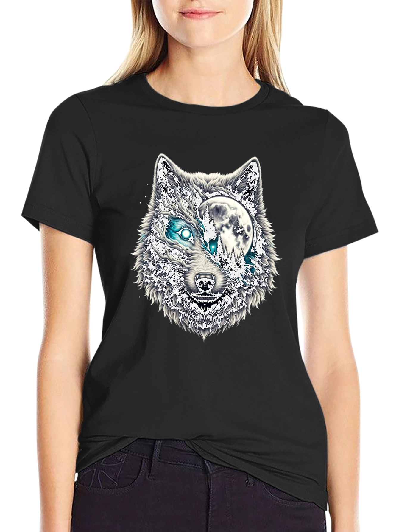 Black Wolf Moon Graphic T-Shirt - Black Cotton Blend view 2