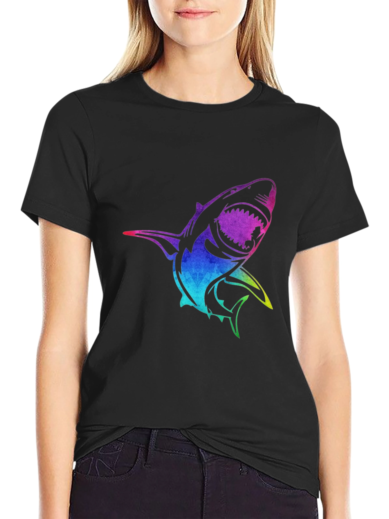 Black Rainbow Shark Graphic Black T-Shirt view 2