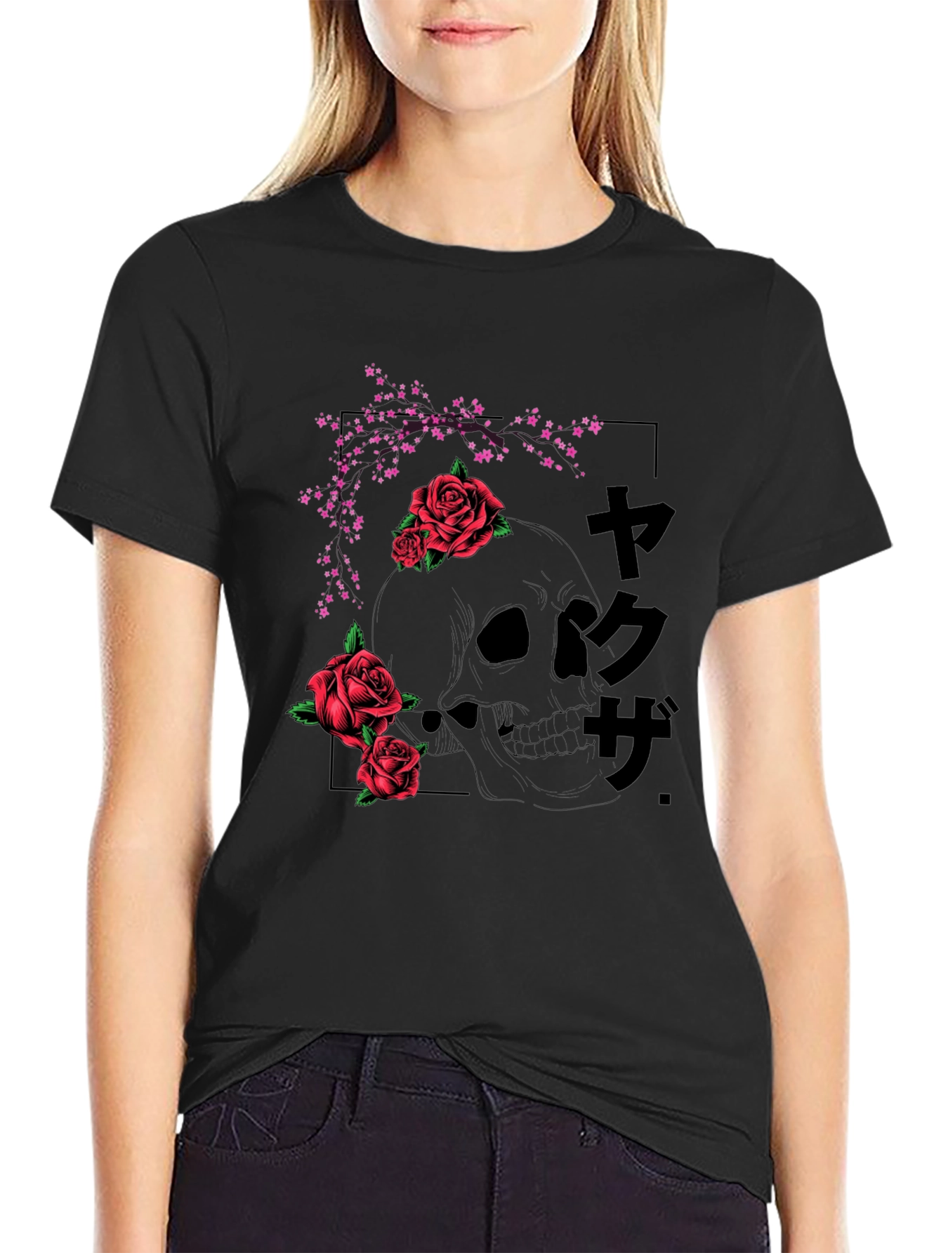 Black Skull & Roses Graphic Tee - Black Japanese Style T-Shirt view 2
