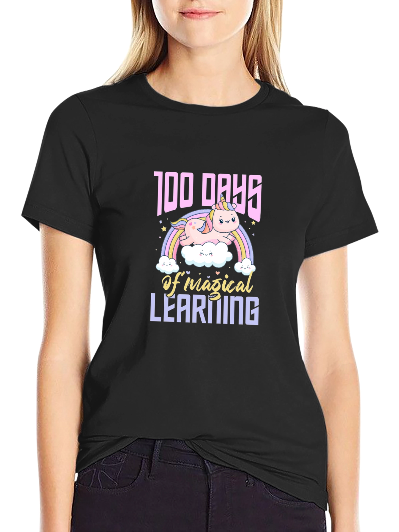 Black 100 Days of Magical Learning Unicorn T-Shirt view 2