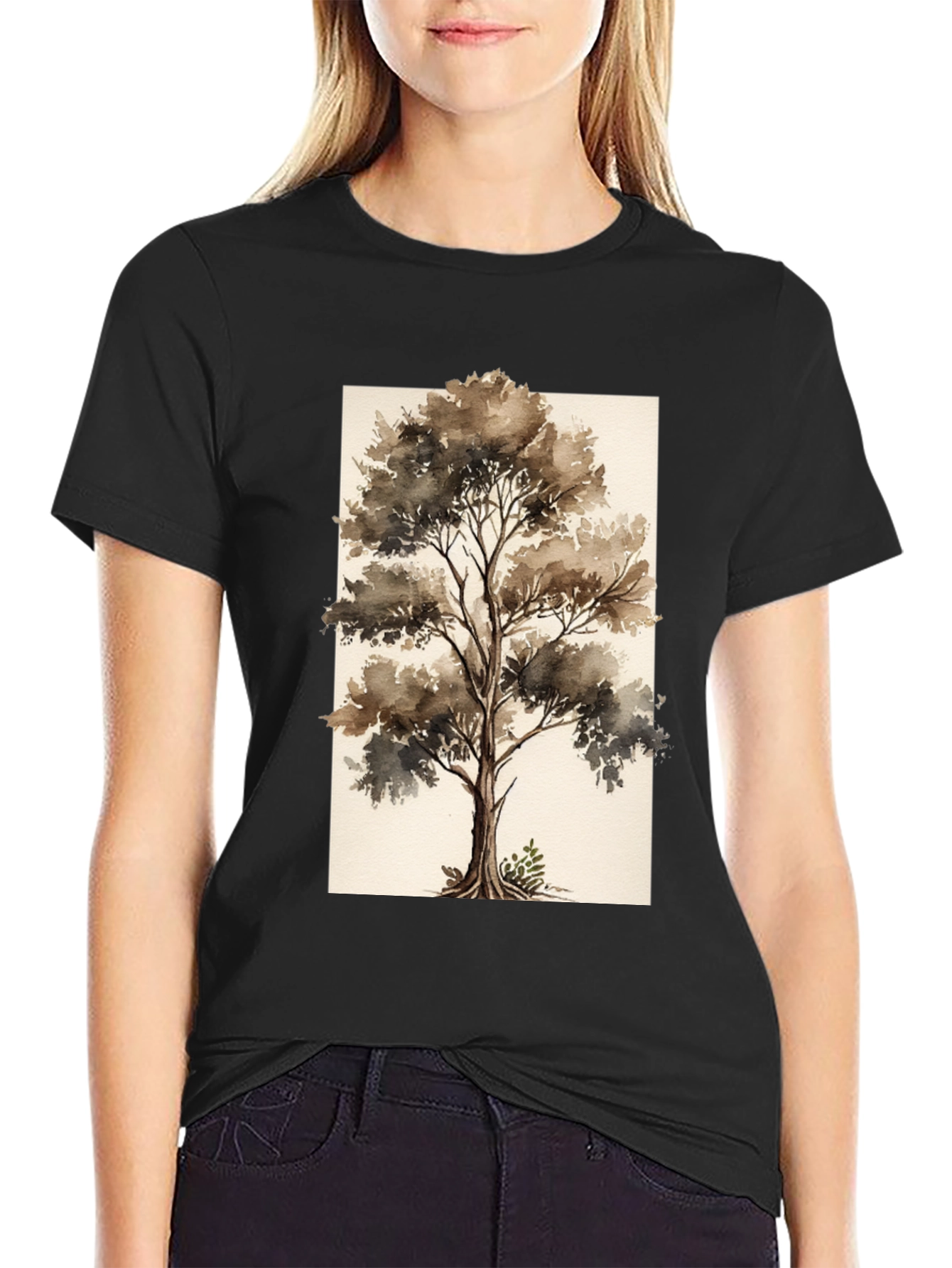 Black Watercolor Tree Graphic Black Tee view 2