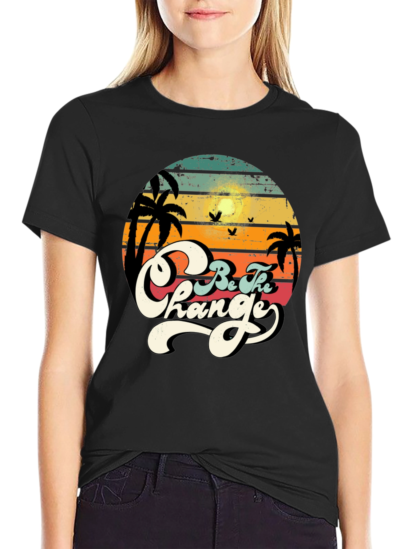 Black Retro Sunset 'Be The Change' Graphic T-Shirt view 2
