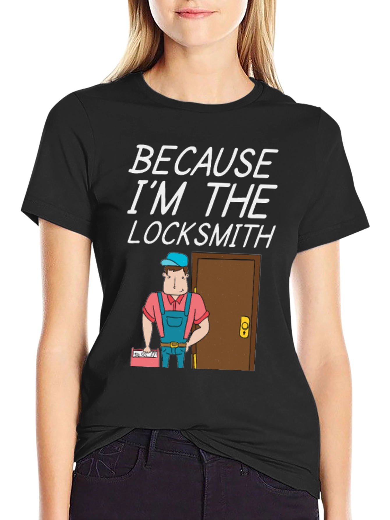 Black Locksmith T-Shirt - "Because I'm The Locksmith" Fun Design view 2