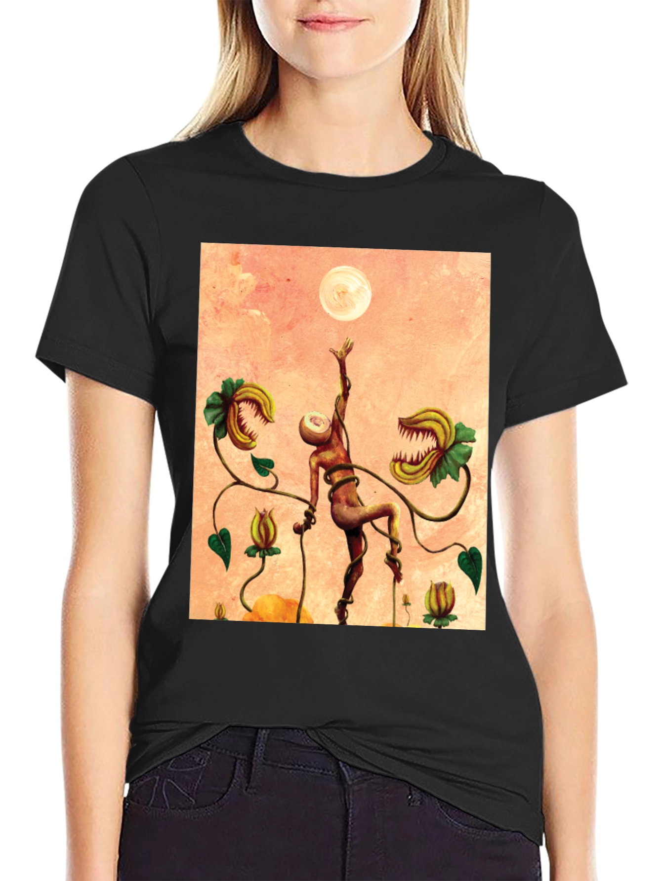 Black Surreal Venus Flytrap Graphic Tee - Unique Art Shirt view 2
