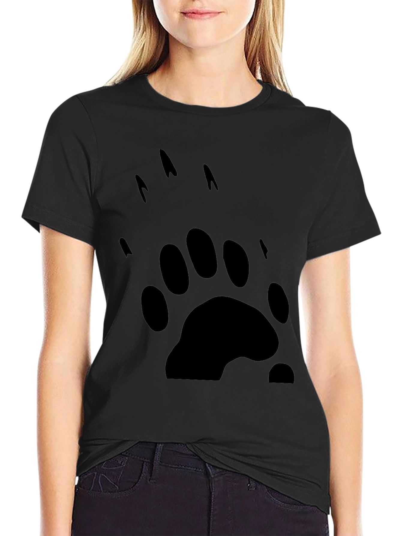 Black Bear Paw Print Graphic Tee - Black Cotton T-Shirt view 2