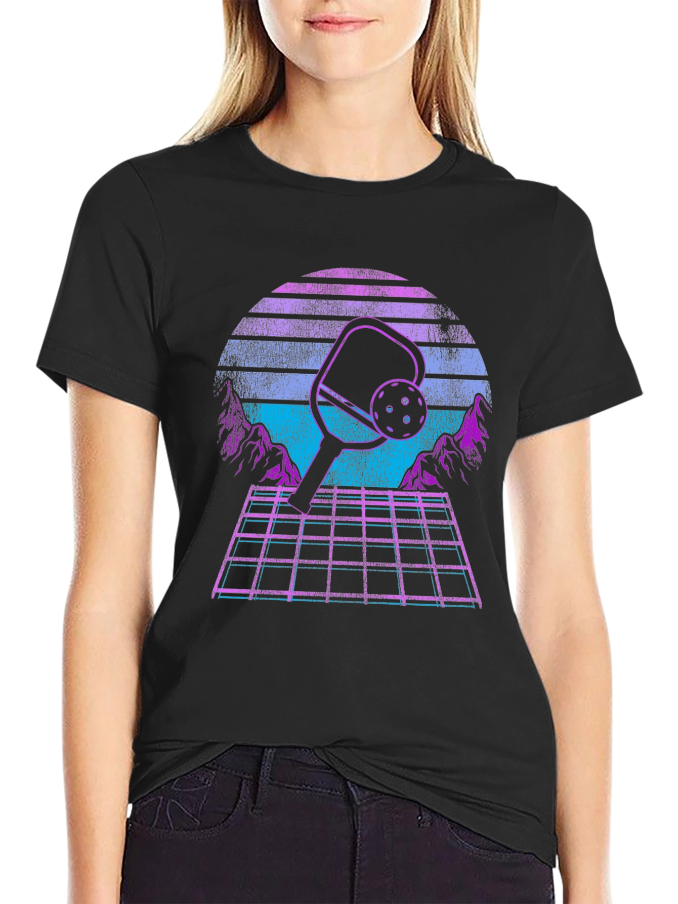 Black Retro Pickleball T-Shirt - Vaporwave Paddle Design view 2