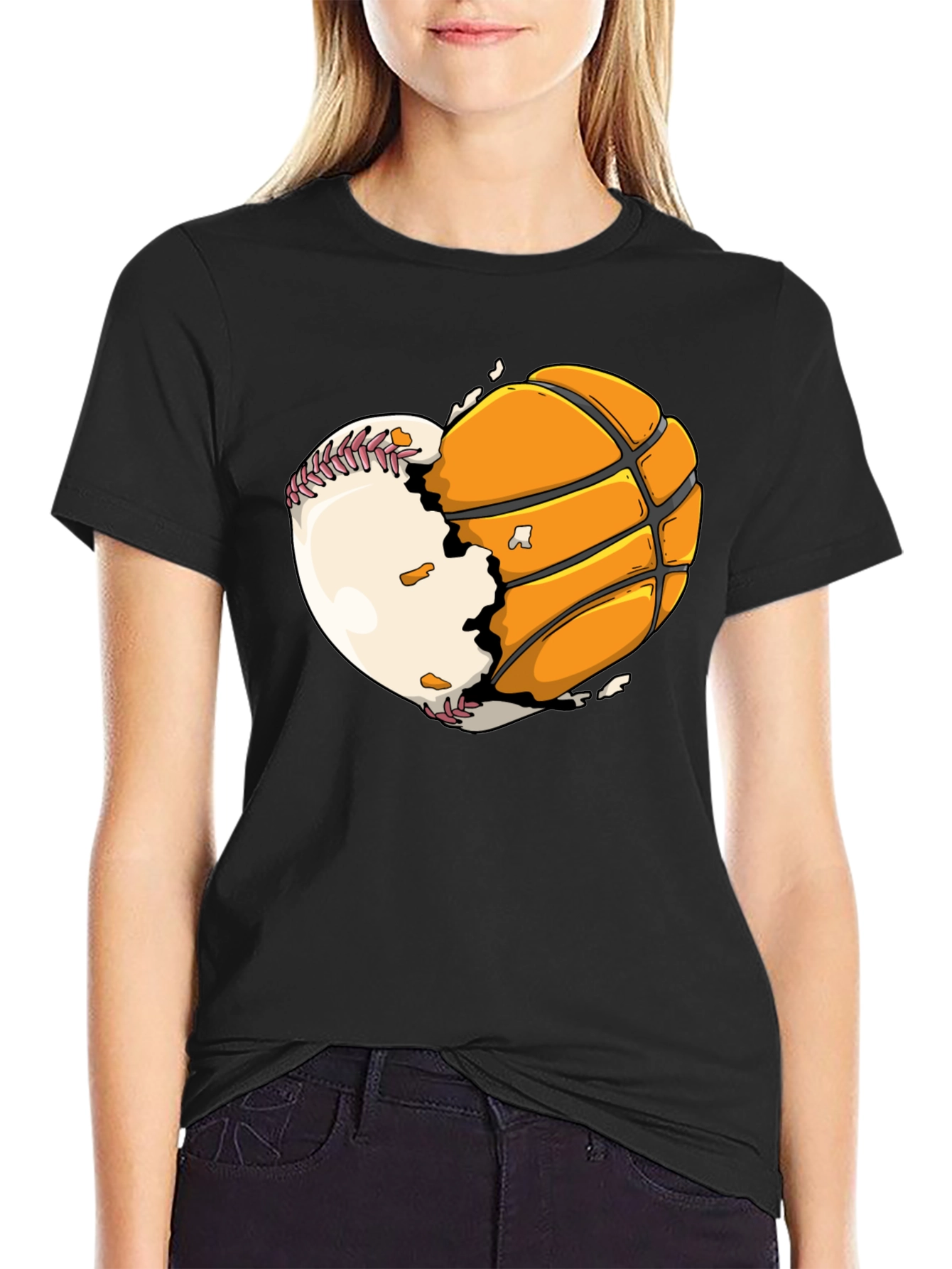 Black Baseball Basketball Heart Graphic Tee view 2