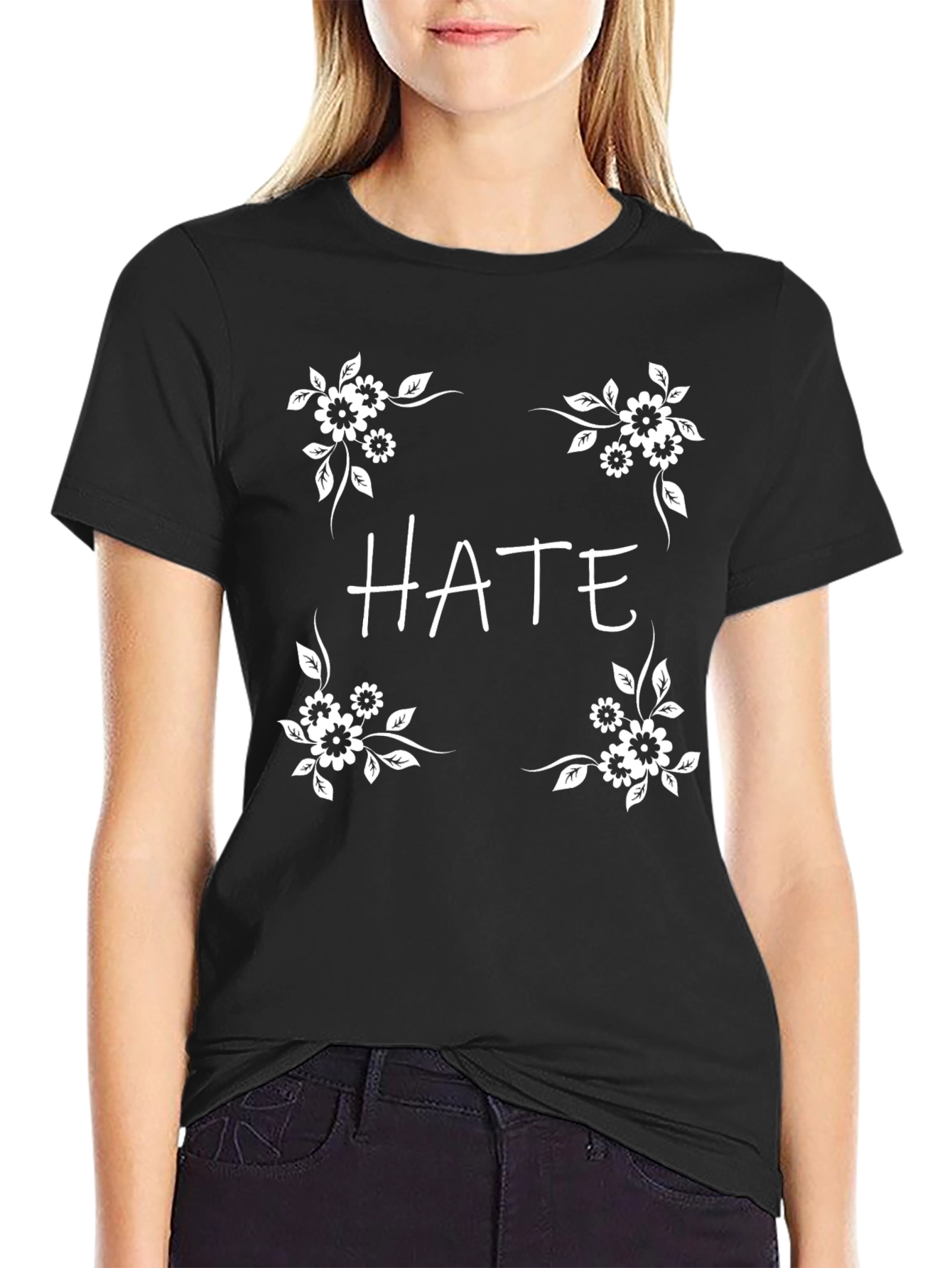 Black HATE Graphic Tee - Floral Design view 2