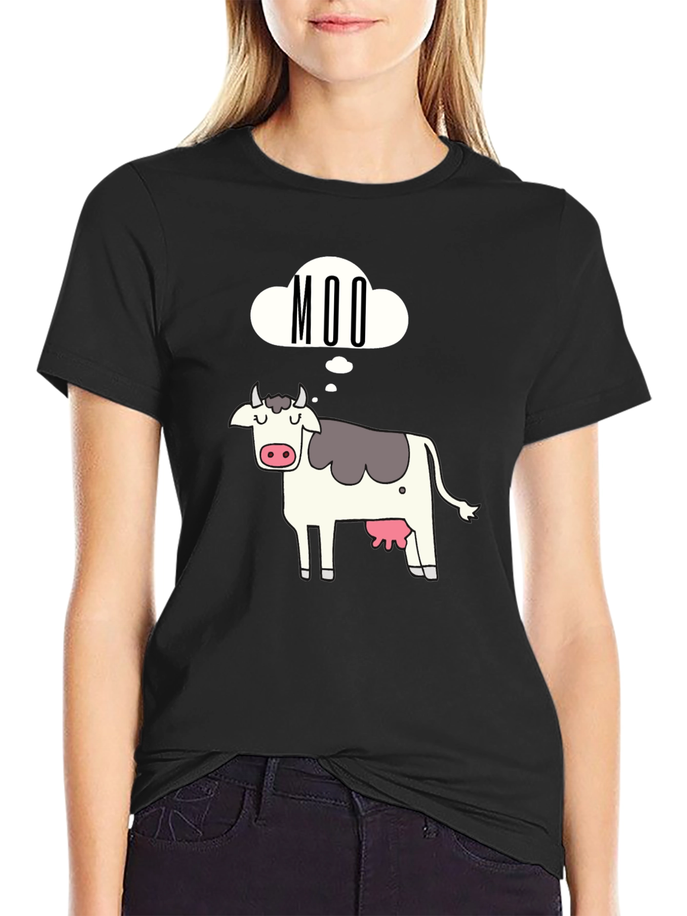 Black Moo Cow Graphic Tee - Black Cotton T-Shirt view 2
